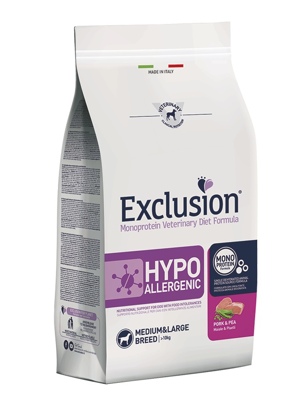 Exclusion Diet Hypoallergenic Maiale e Piselli - Alimento Completo Monoproteico per Cani Adulto Taglia Media e Grande - 12 kg