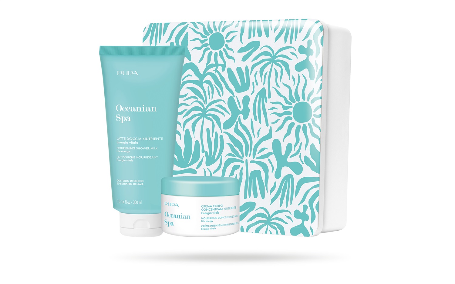 Pupa Oceanian Spa Kit: Latte Doccia Nutriente 300ml e Crema Corpo Concentrata 150ml in Scatola di Metallo