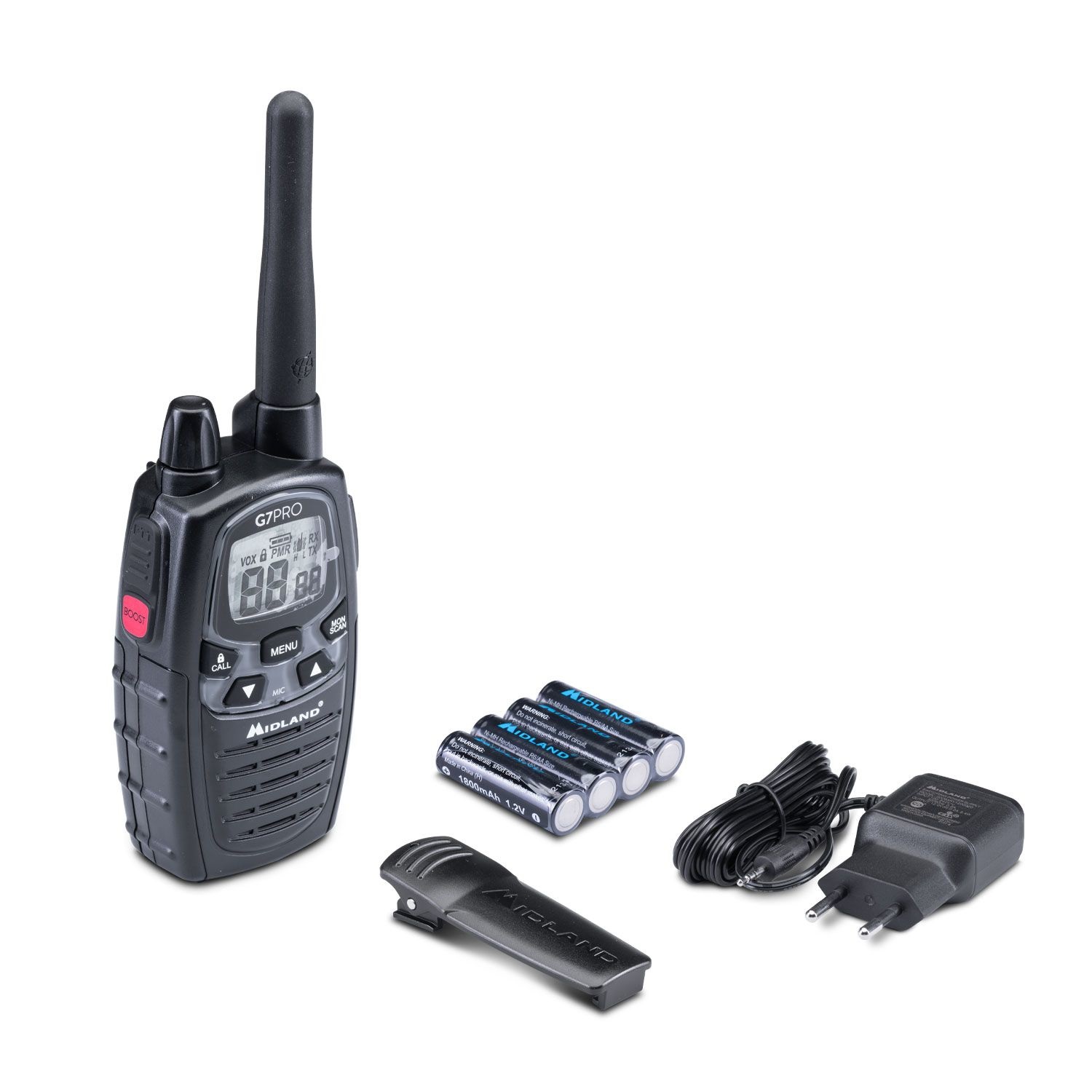 Midland G7 PRO Walkie Talkie - 85 Canali (16 PMR446, 69 LPD), Portata Fino a 10 Km, Autonomia 18 Ore, 4 Batterie Ricaricabili e Accessori Inclusi