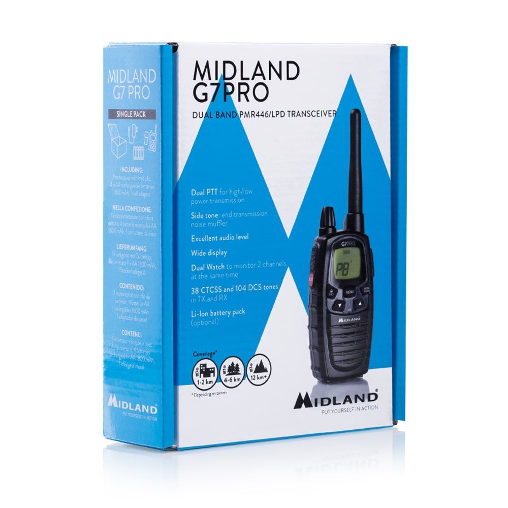 Midland G7 PRO Walkie Talkie - 85 Canali (16 PMR446, 69 LPD), Portata Fino a 10 Km, Autonomia 18 Ore, 4 Batterie Ricaricabili e Accessori Inclusi
