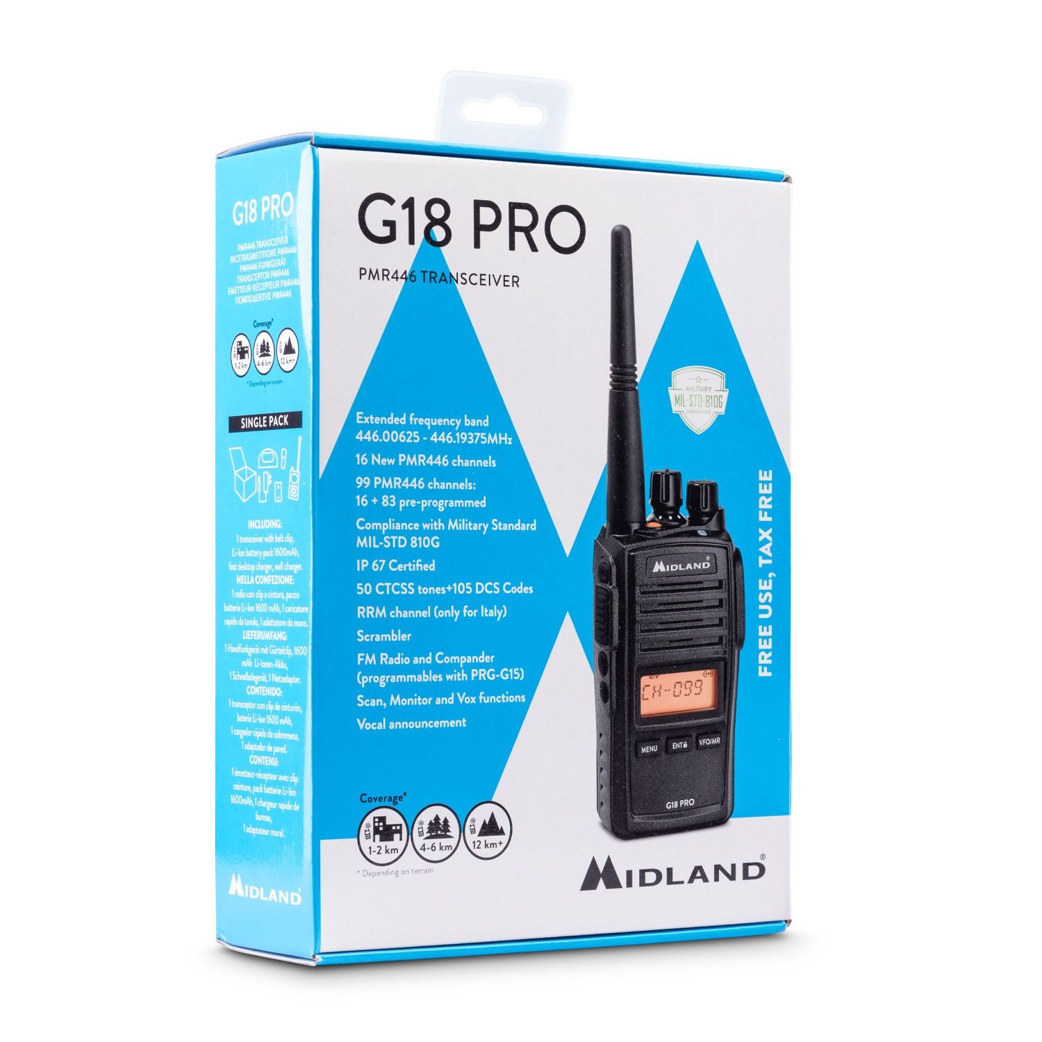 Midland G18 PRO Walkie Talkie - Ricetrasmittente Professionale 99 Canali PMR446, Standard Militare MIL-STD-810G, Waterproof IP67, Copertura 12Km, Autonomia 22 Ore, Funzione Scrambler e Compander