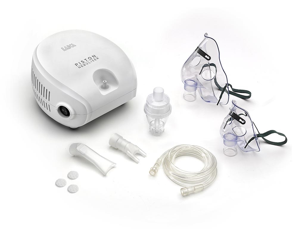 Laica NE2014 Apparecchio a Pistone per Aerosolterapia - Nebulizzazione fine, Flusso regolabile, Capacità ampolla 2-6 ml, 5 Filtri, Bianco