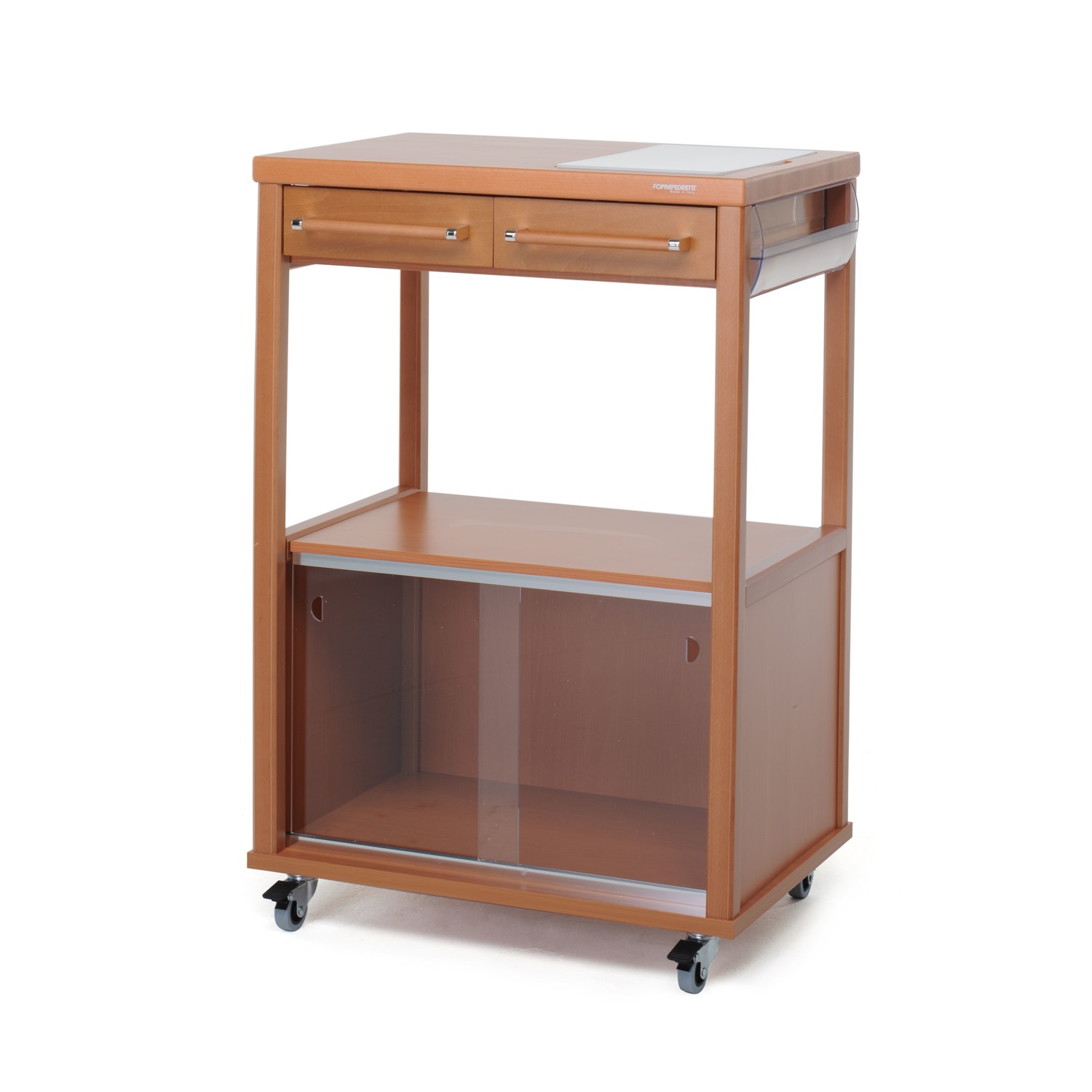 Foppapedretti Carrello Benchef Noce - Carrello da Cucina in Legno con Vano Porta Microonde, Ampio Piano di Lavoro, Due Cassetti e Porta Rotolo Laterale