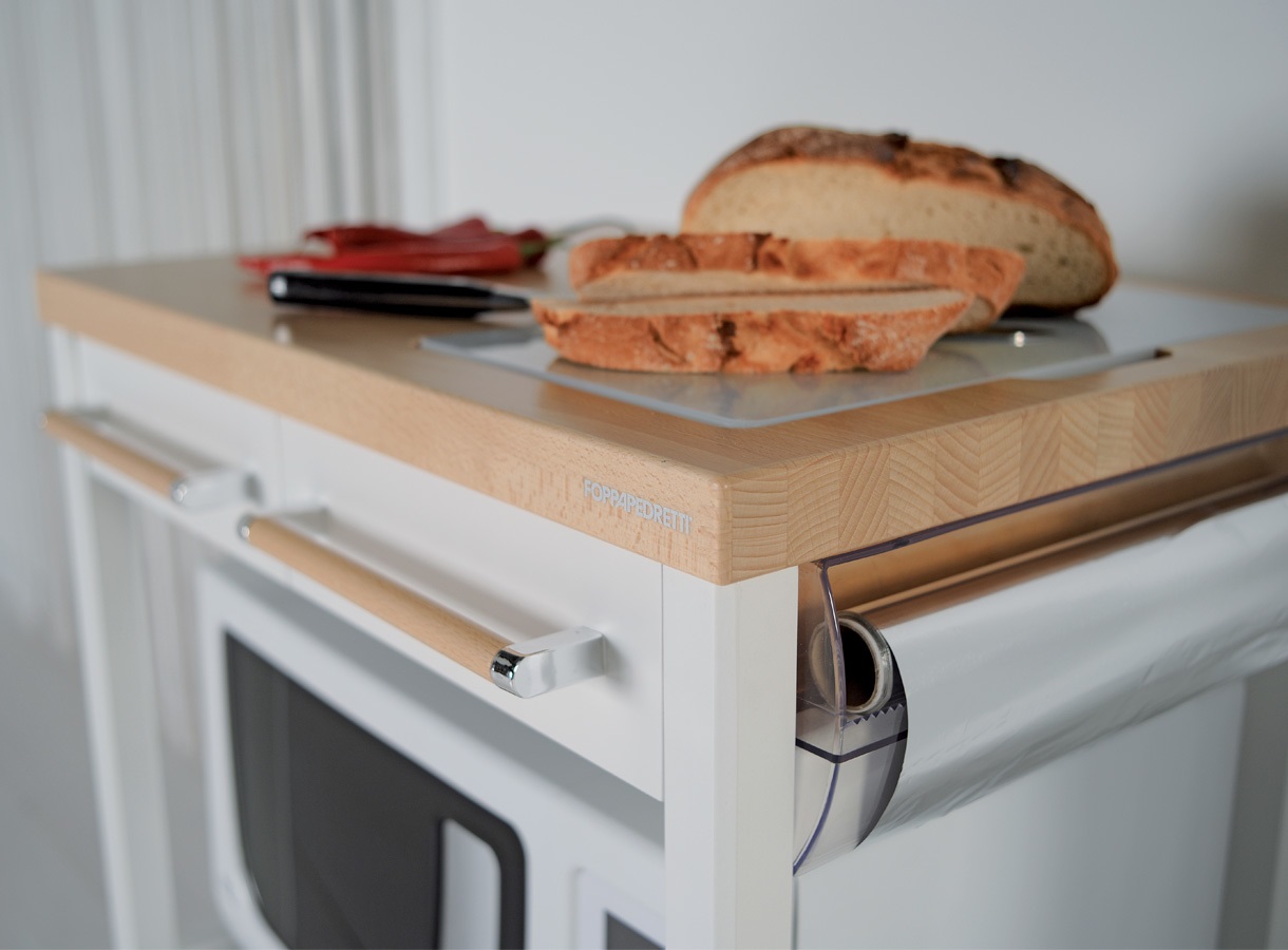 Foppapedretti Carrello Benchef Noce - Carrello da Cucina in Legno con Vano Porta Microonde, Ampio Piano di Lavoro, Due Cassetti e Porta Rotolo Laterale