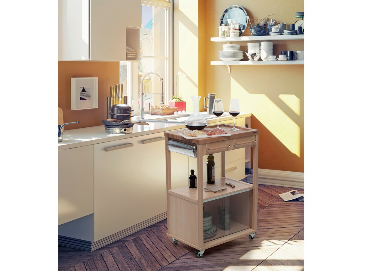 Foppapedretti Carrello Benchef Noce - Carrello da Cucina in Legno con Vano Porta Microonde, Ampio Piano di Lavoro, Due Cassetti e Porta Rotolo Laterale