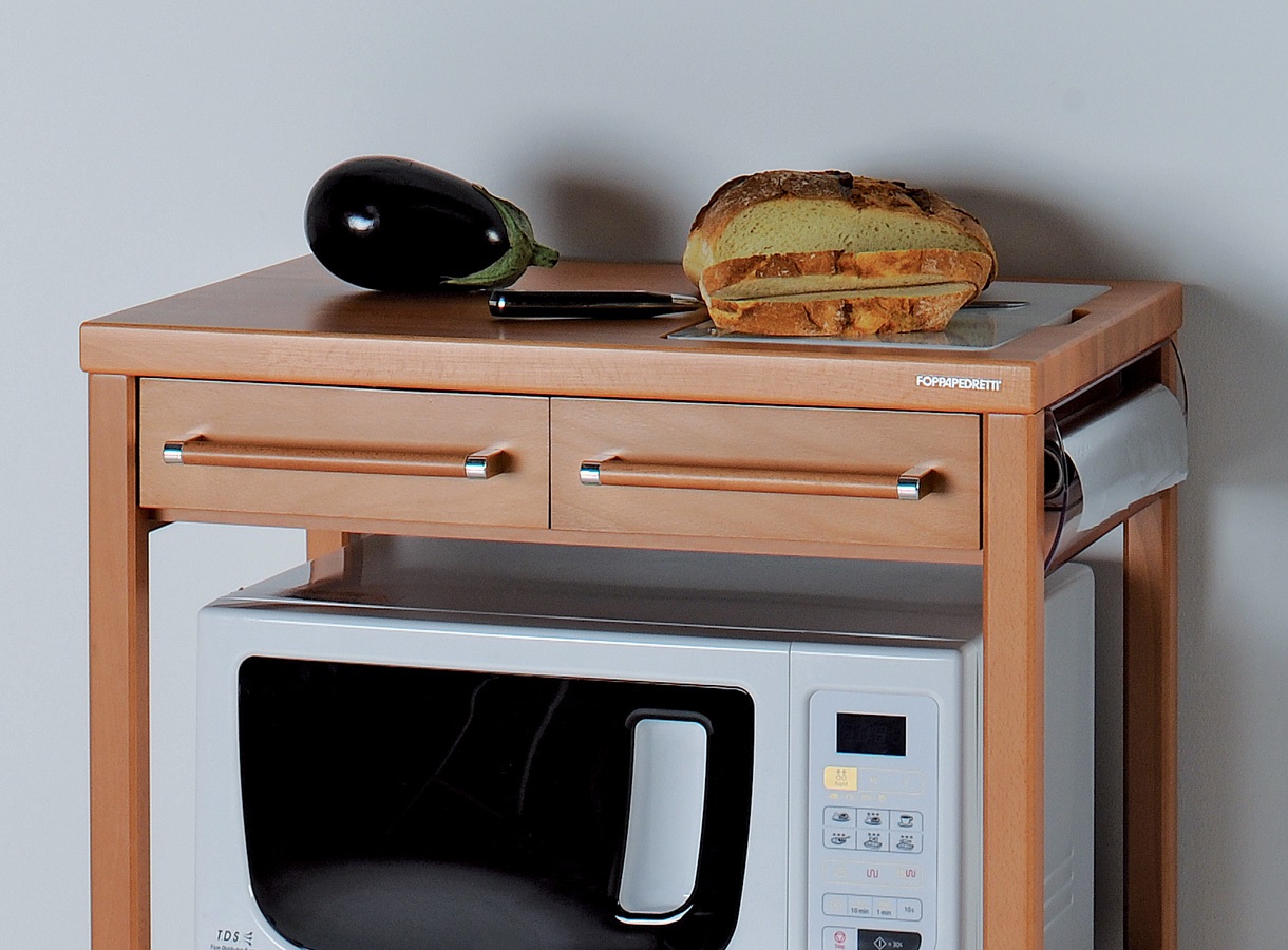 Foppapedretti Carrello Benchef Noce - Carrello da Cucina in Legno con Vano Porta Microonde, Ampio Piano di Lavoro, Due Cassetti e Porta Rotolo Laterale