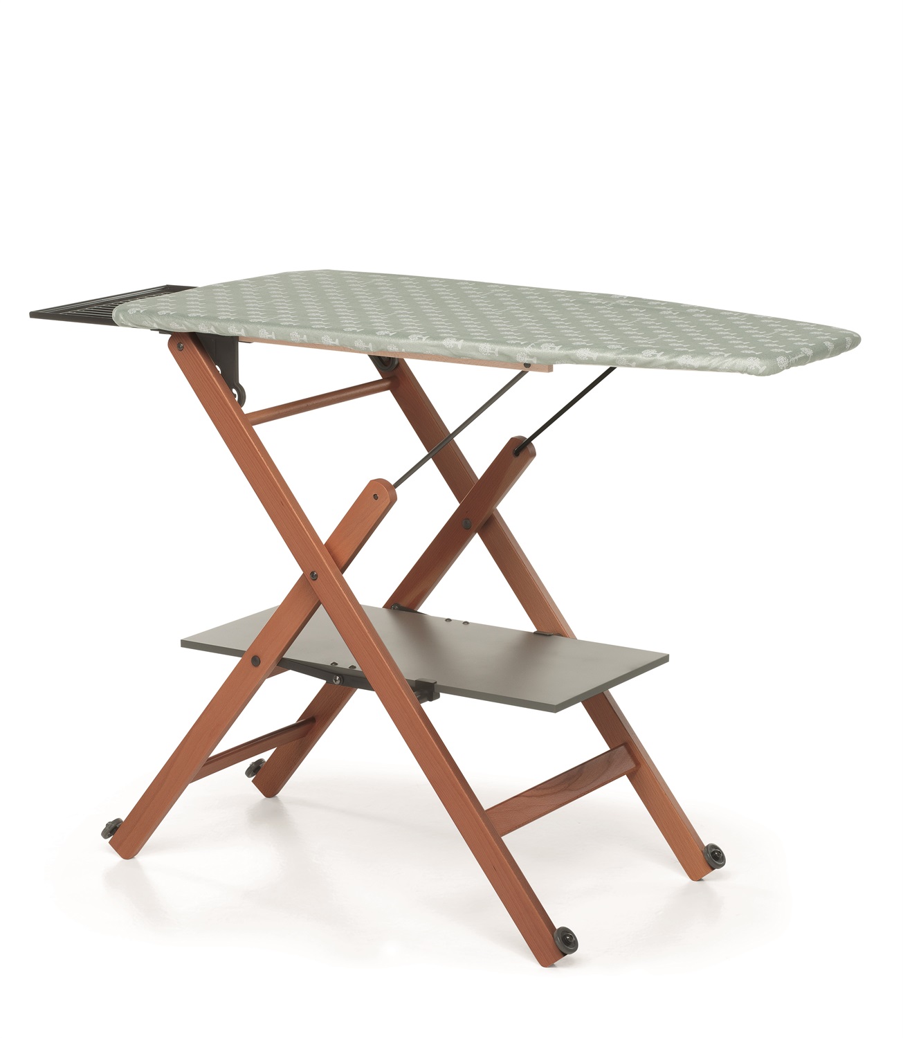 Foppapedretti Asse da Stiro Pieghevole 1020 x 490 mm con Rotelle, Regolabile in Altezza, Rivestimento in Cotone e Poliestere, Colore Noce