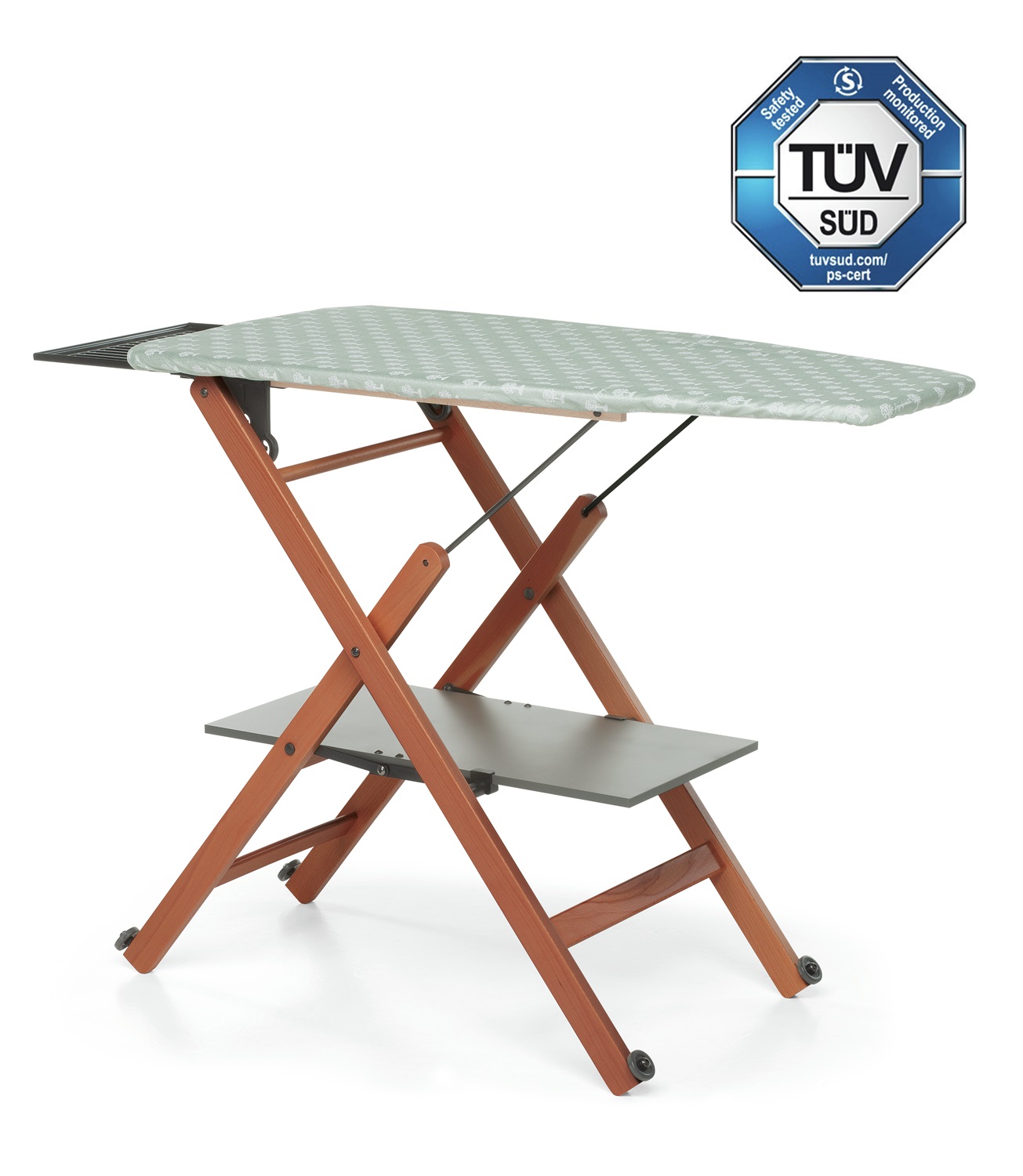 Foppapedretti Asse da Stiro Pieghevole 1020 x 490 mm con Rotelle, Regolabile in Altezza, Rivestimento in Cotone e Poliestere, Colore Noce