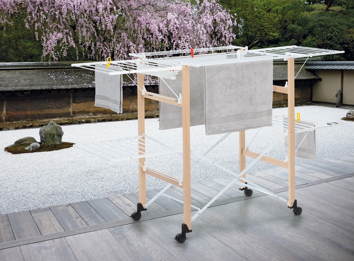 Foppapedretti Gulliver Evo Naturale - Stendibiancheria Ripiegabile in Alluminio e Legno, 27 m di Spazio di Asciugatura, 800 mm x 1740 mm