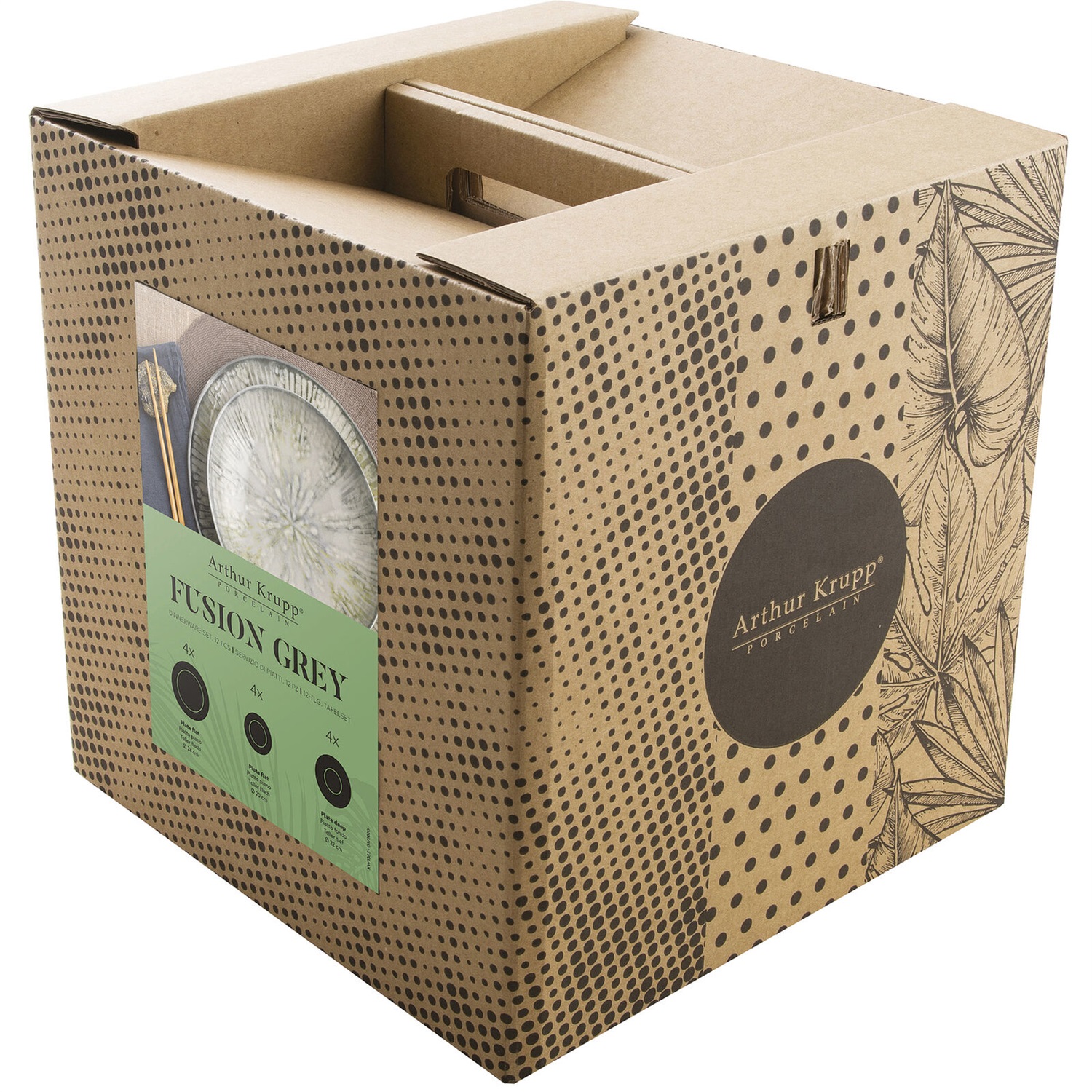 ARTHUR KRUPP 67351GA2 Servizio da Tavola 12 pz in Porcellana Grigio - Design Fusion Grey Ispirato alla Ceramica Cinese