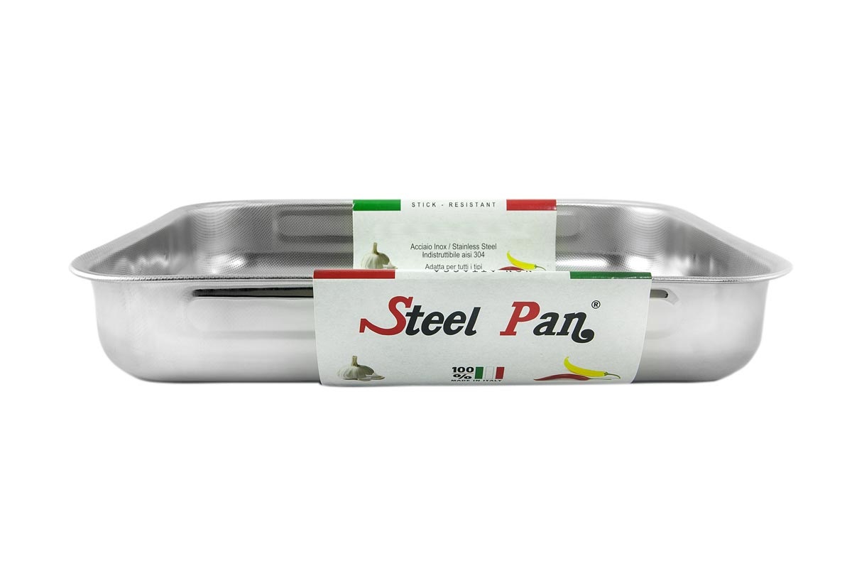 Steel Pan Teglia da Forno Rettangolare in Acciaio Inox 18-10, Antigraffio e Antiaderente, 30x20 cm