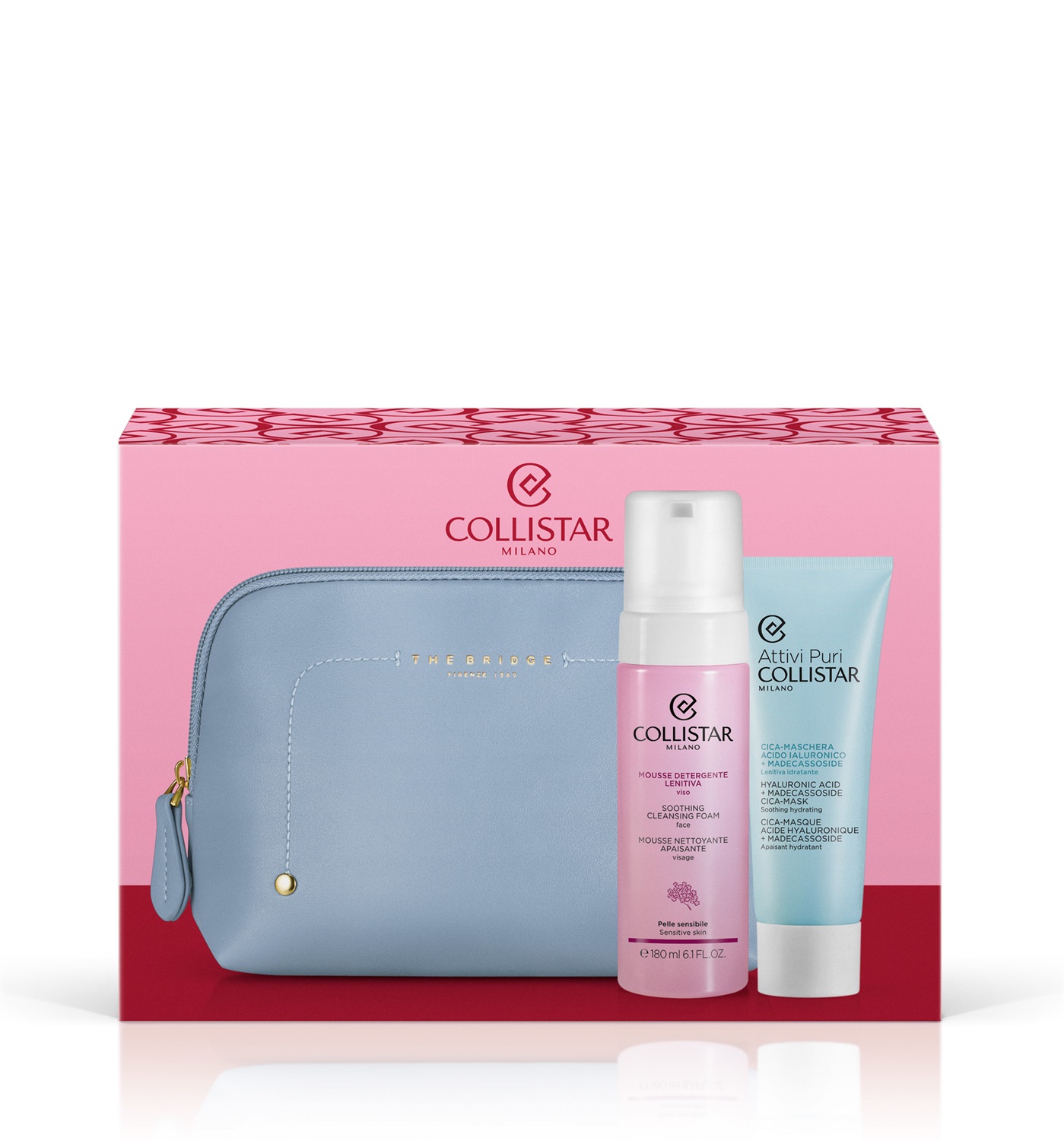 Collistar Cofanetto Cica-Maschera Acido Ialuronico Madecassoside 75 ml Mousse Detergente Lenitiva Viso 180 ml Beauty-Bag The Bridge