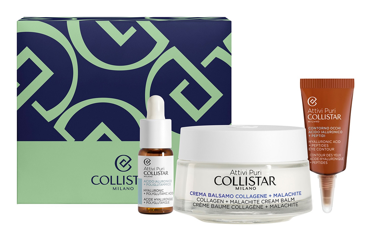Collistar Cofanetto Attivi Puri Crema Balsamo Collagene Malachite 50ml - Trattamento Anti-invecchiamento con Acido Ialuronico e Contorno Occhi