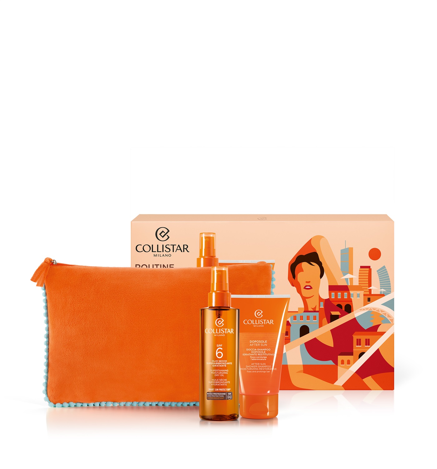 Collistar Cofanetto Olio Secco Superabbronzante Idratante SPF 6 200 ml Doccia-Shampoo Doposole Idratante Restitutivo 150 ml Pochette in tessuto 100% riciclato