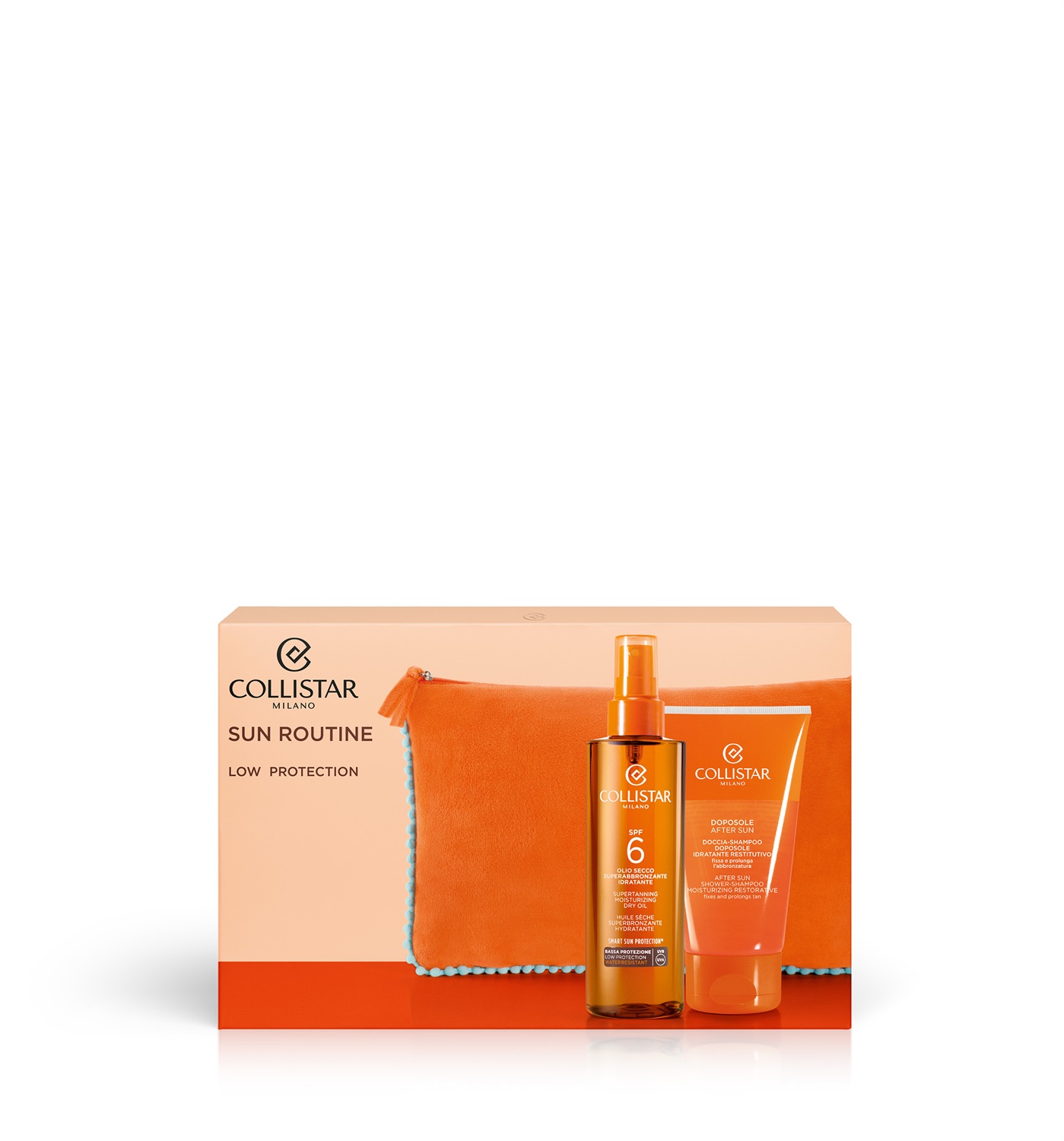 Collistar Cofanetto Olio Secco Superabbronzante Idratante SPF 6 200 ml Doccia-Shampoo Doposole Idratante Restitutivo 150 ml Pochette in tessuto 100% riciclato