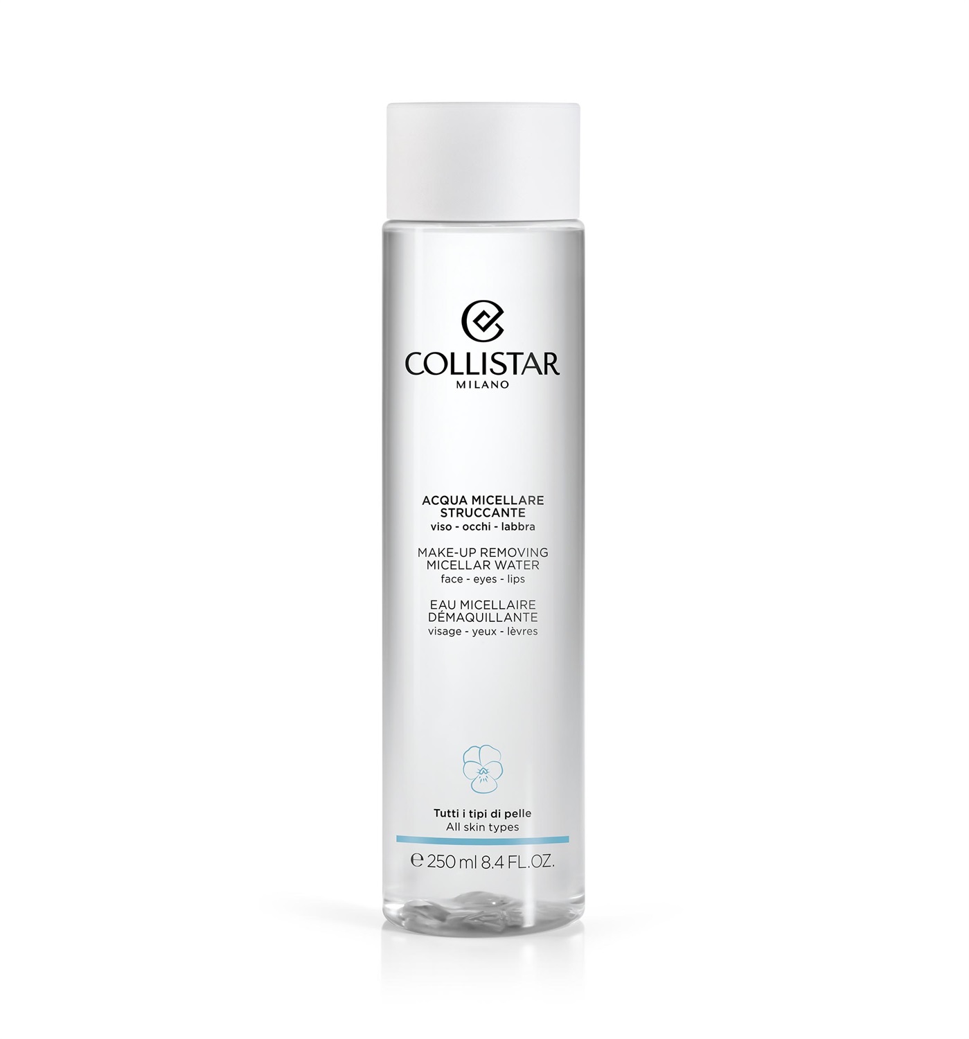 Collistar Acqua Micellare Struccante Viso-Occhi-Labbra 250 ml - Rimozione Efficace di Trucco e Impurità, Adatta a Pelli Sensibili