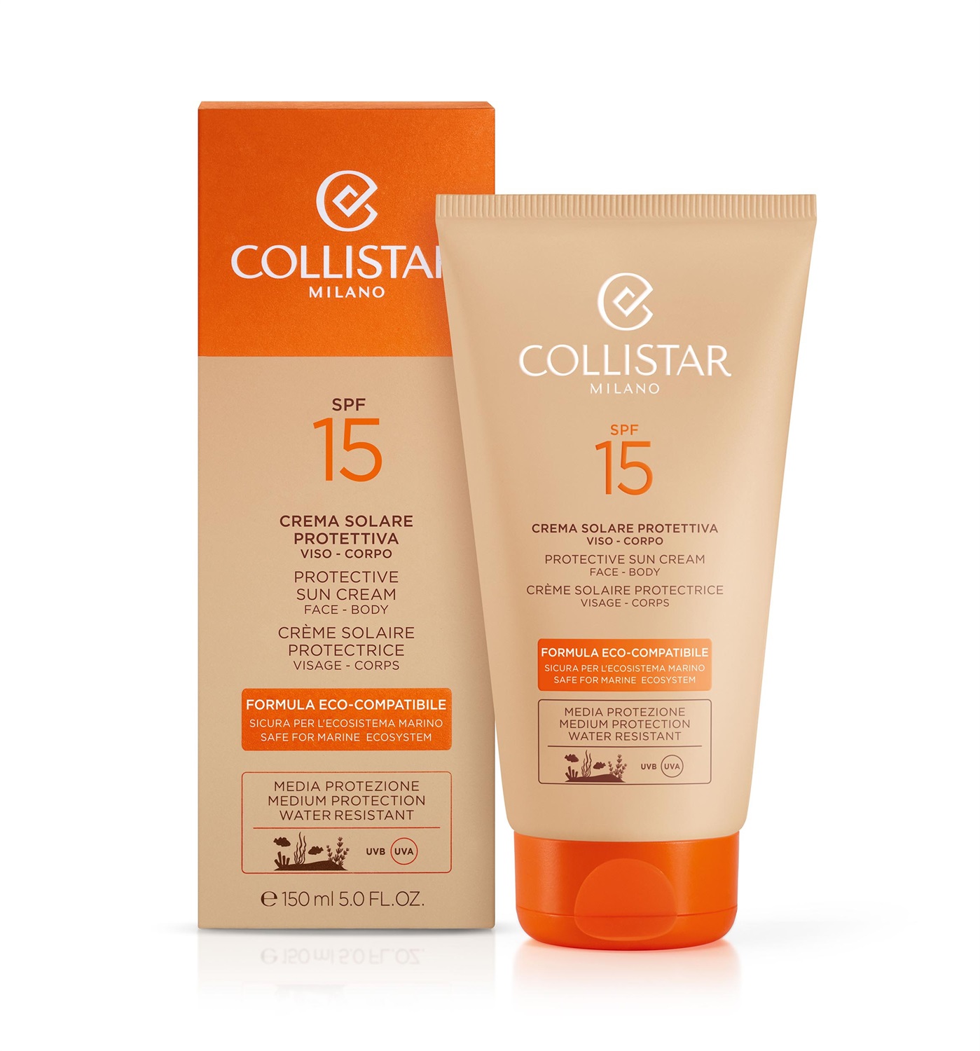 Collistar Crema Solare Protettiva Eco-Compatibile SPF 15 150 ml - Formula Sicura per Viso e Corpo, Filtri Coral Friendly