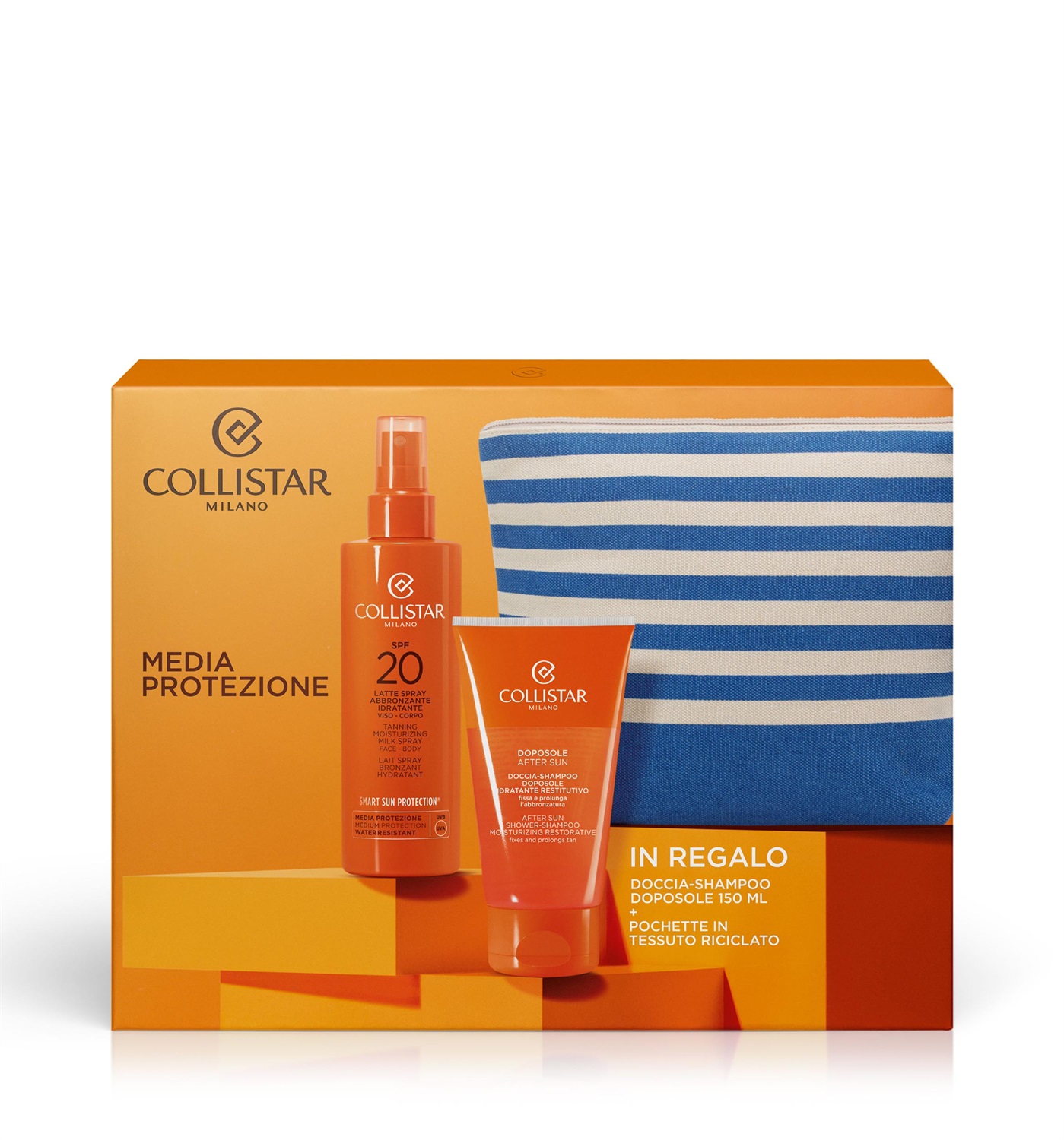 Collistar Cofanetto Latte Spray Abbronzante Idratante Viso-Corpo SPF 20 - Include Doccia-Shampoo Doposole 150 ml e Pochette in Tessuto Riciclato