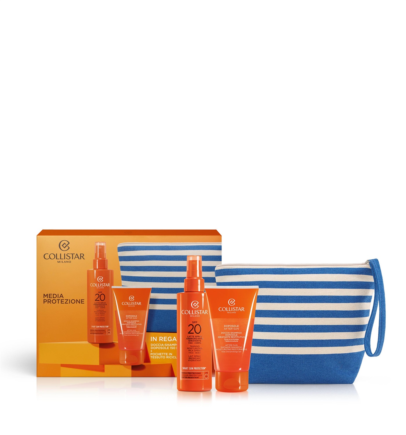 Collistar Cofanetto Latte Spray Abbronzante Idratante Viso-Corpo SPF 20 - Include Doccia-Shampoo Doposole 150 ml e Pochette in Tessuto Riciclato