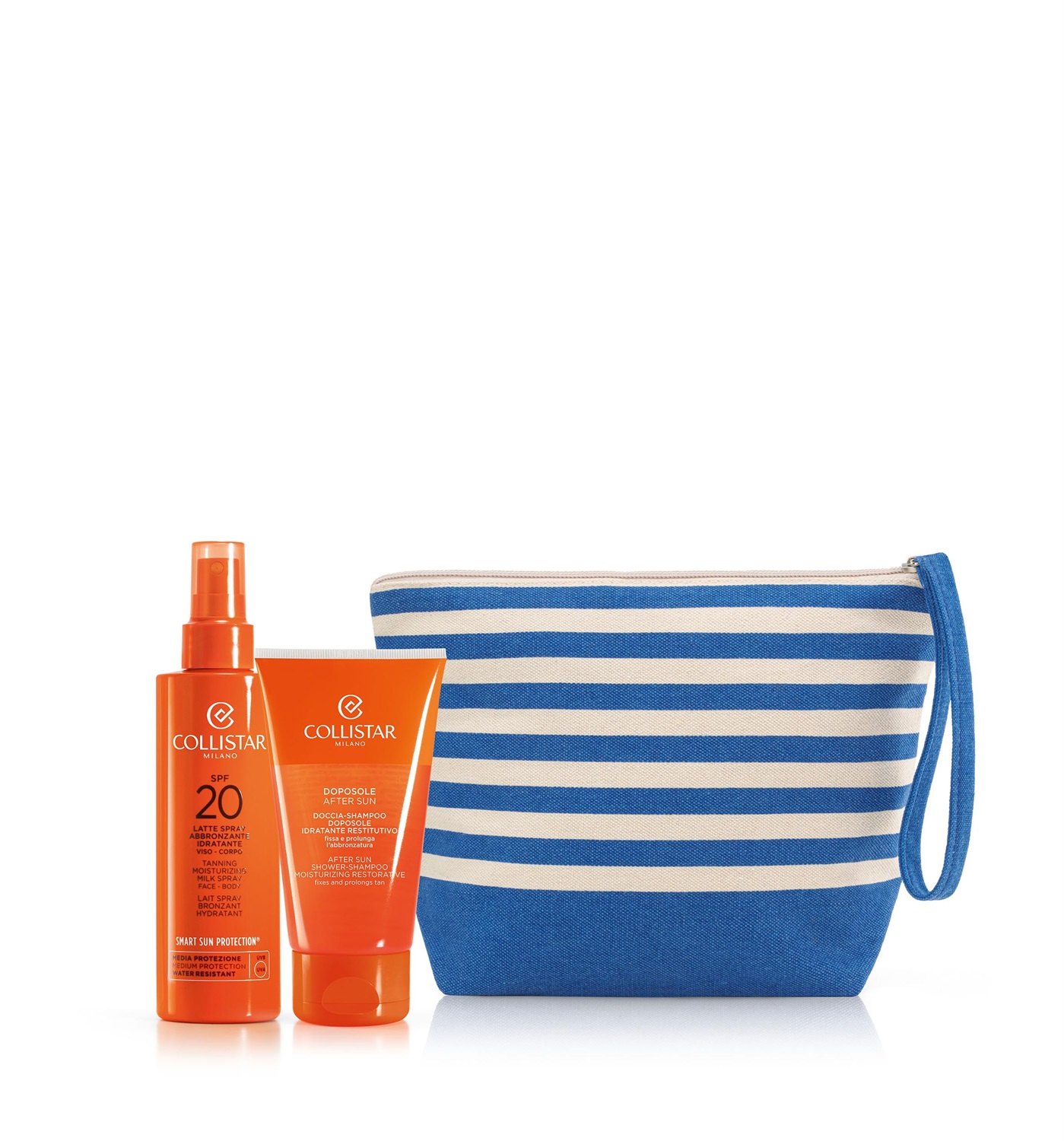 Collistar Cofanetto Latte Spray Abbronzante Idratante Viso-Corpo SPF 20 - Include Doccia-Shampoo Doposole 150 ml e Pochette in Tessuto Riciclato