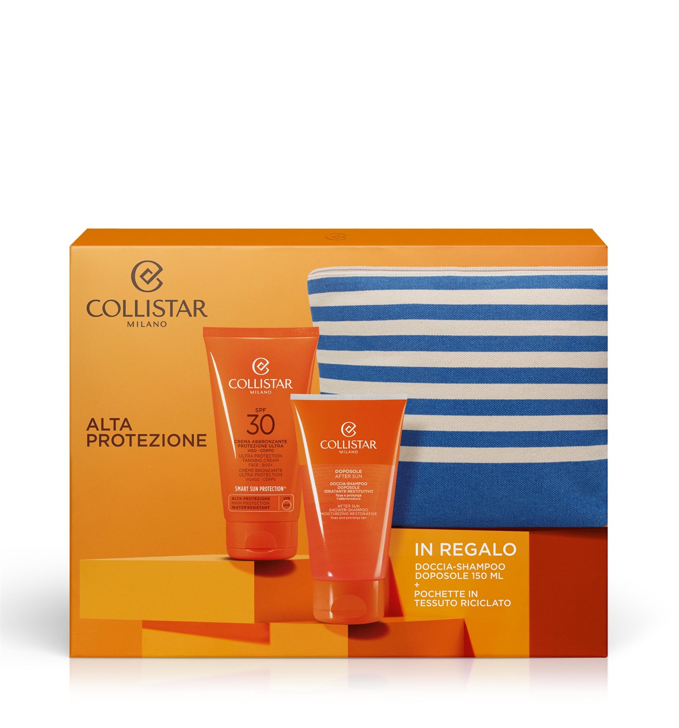 Collistar Cofanetto Crema Abbronzante Protezione Ultra Viso-Corpo SPF 30 - Include Doccia-Shampoo Doposole e Pochette in Tessuto Riciclato