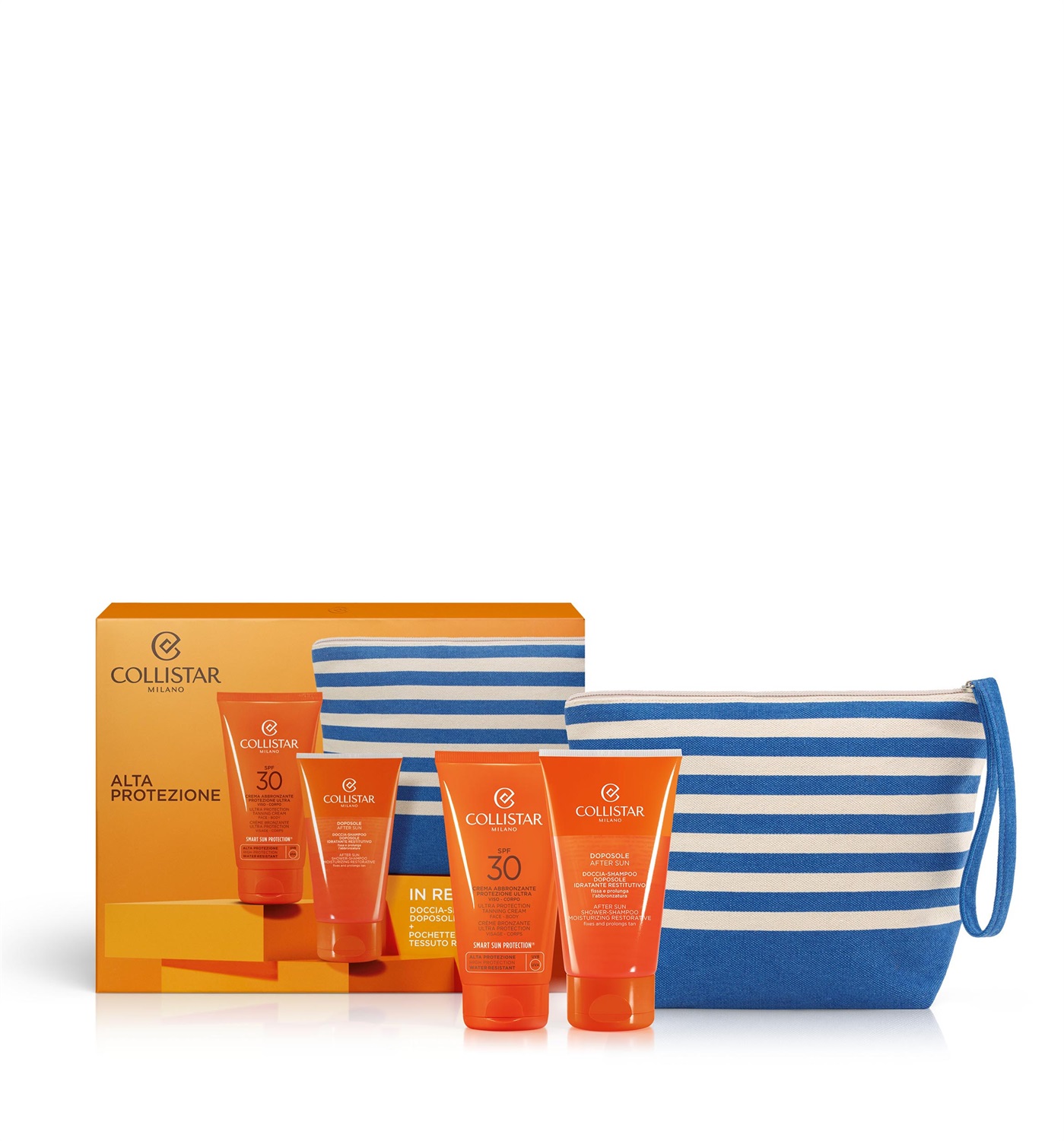 Collistar Cofanetto Crema Abbronzante Protezione Ultra Viso-Corpo SPF 30 - Include Doccia-Shampoo Doposole e Pochette in Tessuto Riciclato