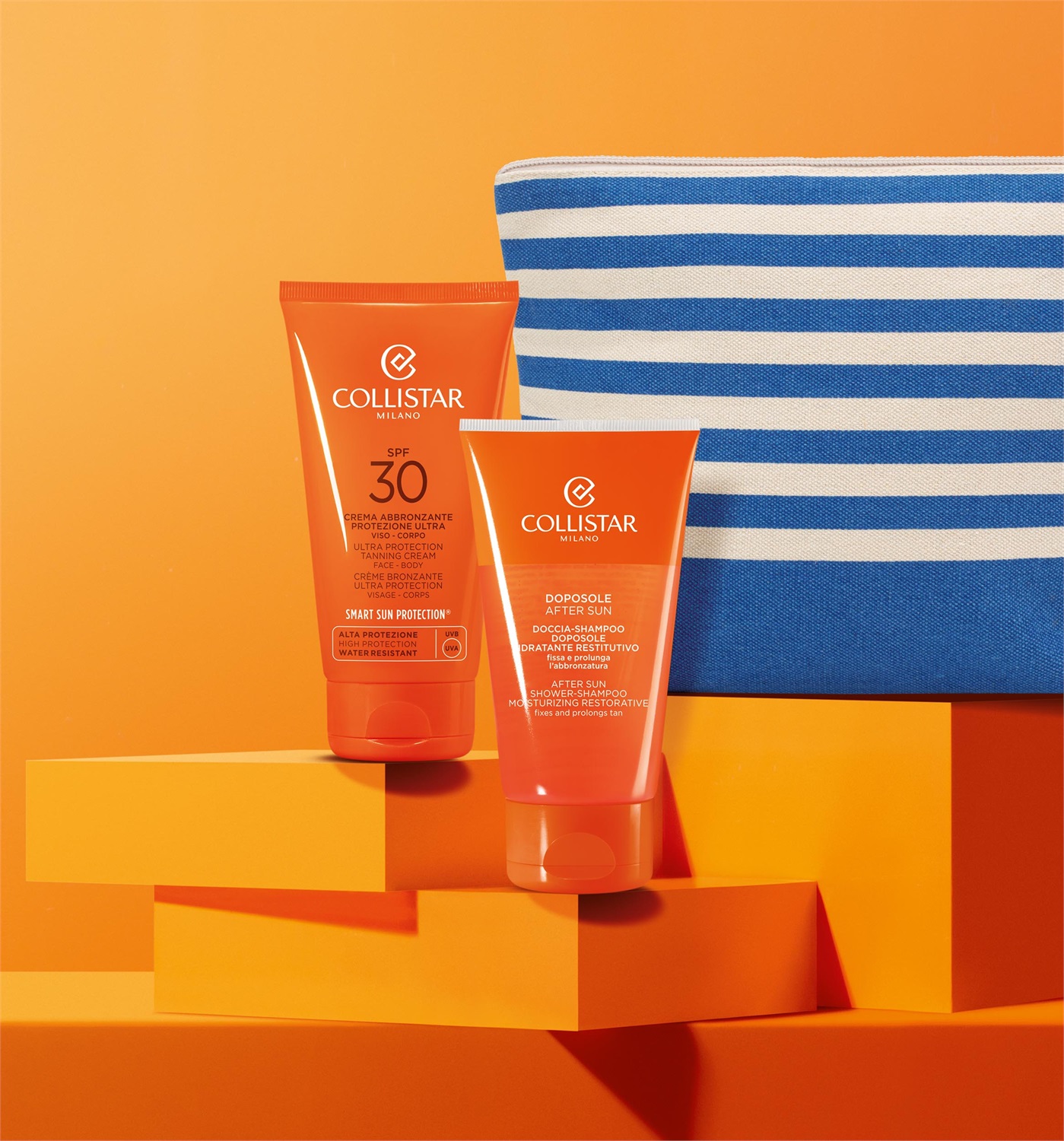 Collistar Cofanetto Crema Abbronzante Protezione Ultra Viso-Corpo SPF 30 - Include Doccia-Shampoo Doposole e Pochette in Tessuto Riciclato