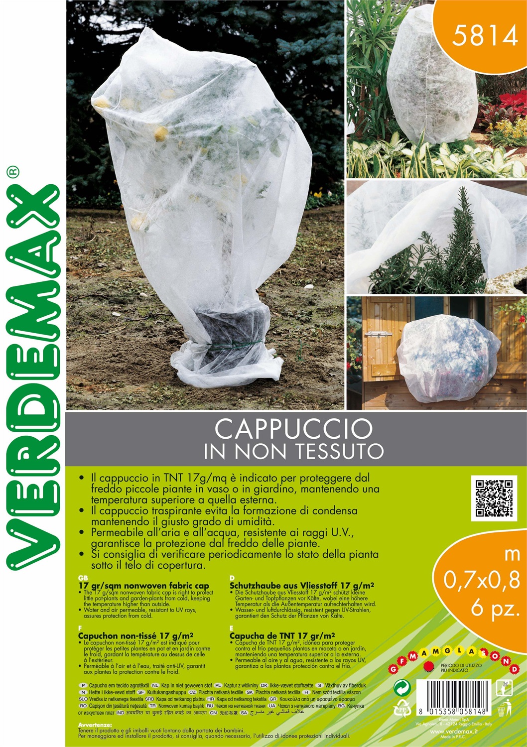 Verdemax Cappuccio TNT 70x80 cm - 6 Pezzi, 17 g/mq, Bianco, Protezione Traspirante per Piante