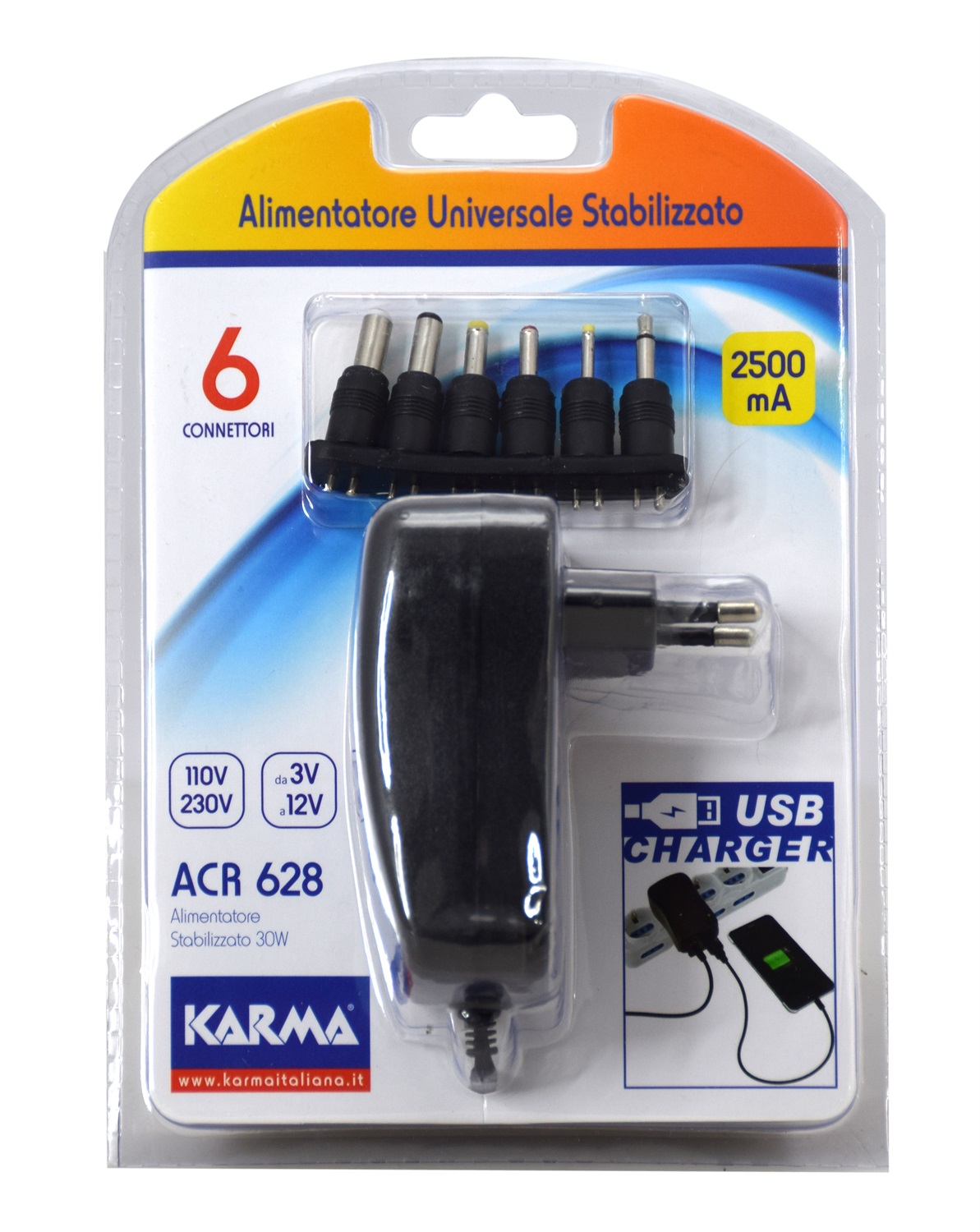 Karma ACR 628 Alimentatore Universale Stabilizzato USB 30W 2500mA Nero