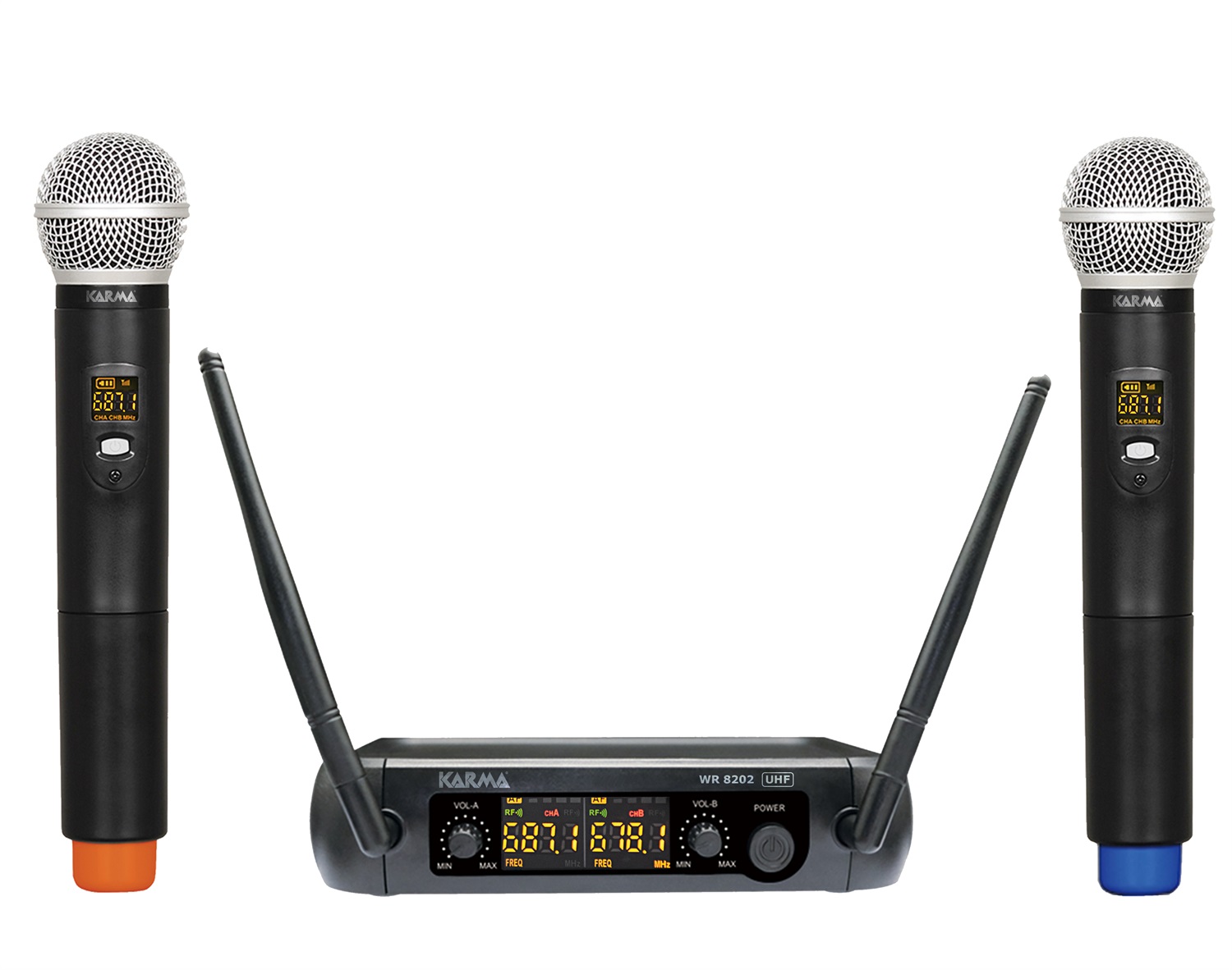 Karma Doppio Radiomicrofono Palmare UHF Set 8202 - Frequenza 679.100 MHz a 694.100 MHz, con Display e Alimentazione da Presa