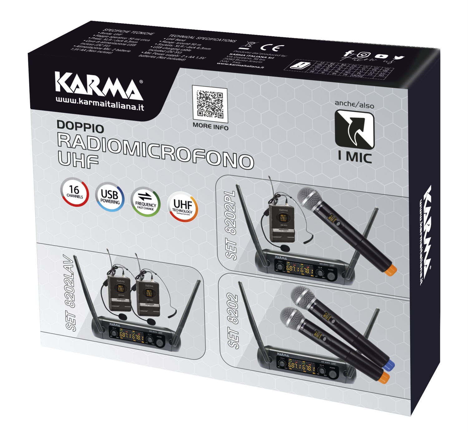 Karma Doppio Radiomicrofono Palmare UHF Set 8202 - Frequenza 679.100 MHz a 694.100 MHz, con Display e Alimentazione da Presa