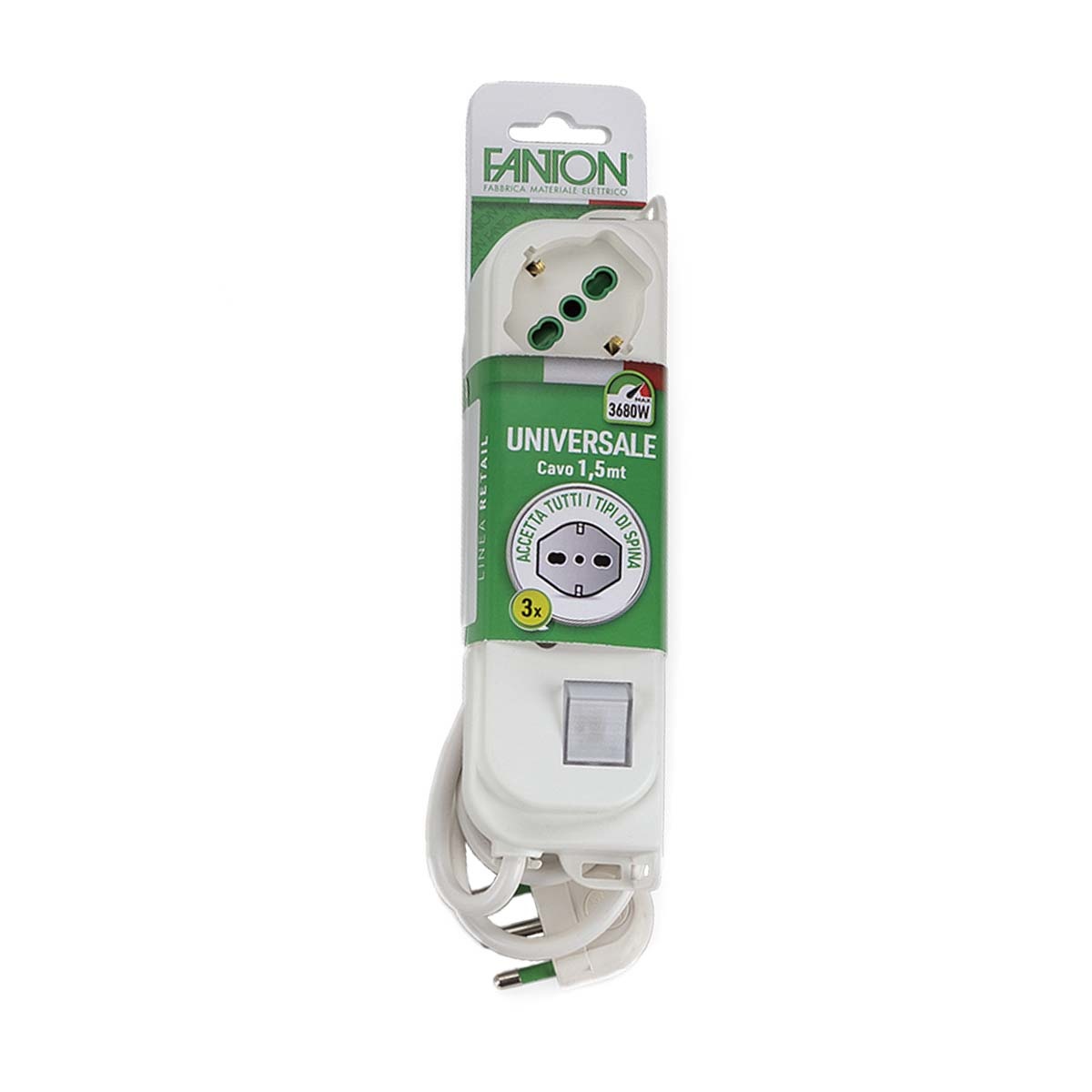 FANTON 47460 Multipresa 3 Prese Bipasso Schuko 2P T 16A con Cavo da 1,5 m e Interruttore Luminoso