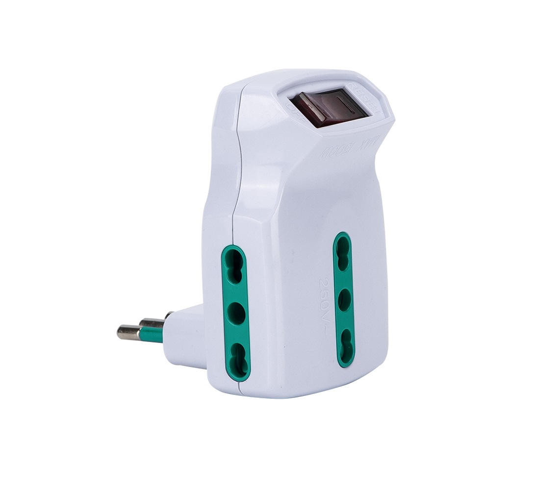 FANTON Adattatore Triplo 2P T 10A con 3 Prese Bipasso 16A e Interruttore Automatico di Sovraccarico - Modello 87315