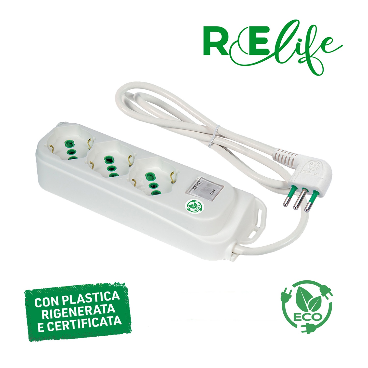 FANTON 474604ECO Multipresa OMEGA ECO RELIFE 3 Prese Bipasso/Schuko 2P T 16A con Cavo da 1,5 m e Interruttore Automatico Luminoso - Bianco