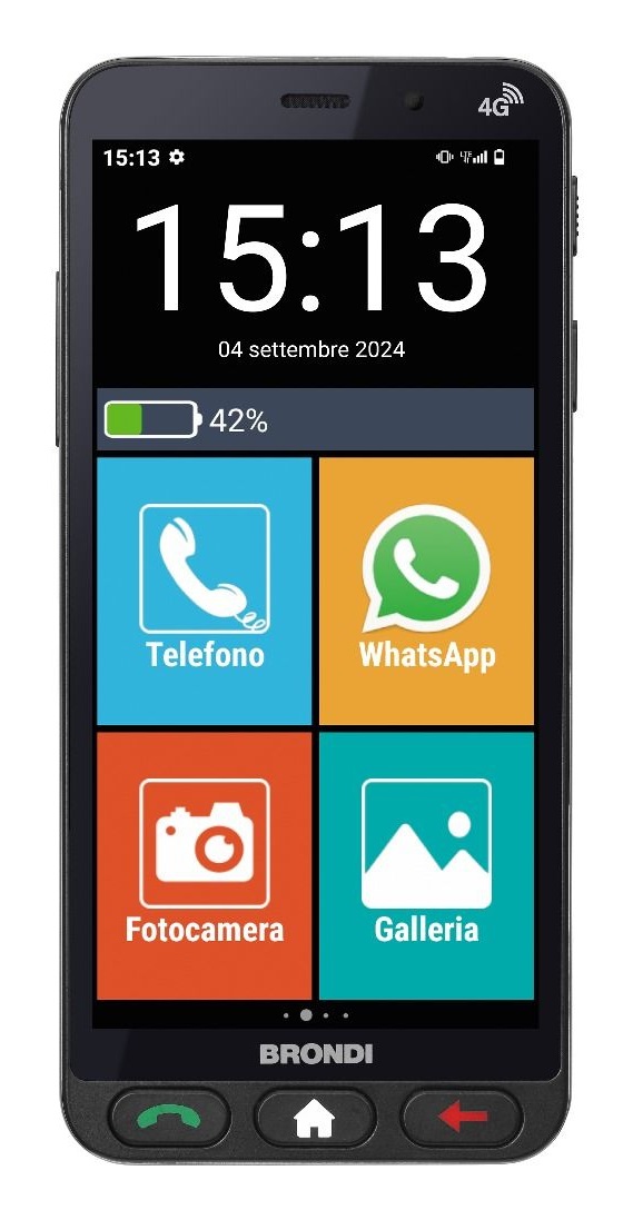 Brondi Amico Vero 4G Smartphone 5.7'' Doppia SIM Android 14, 3 GB RAM, 32 GB Memoria, 2800 mAh, Sensore di Caduta, Tasto SOS, Nero