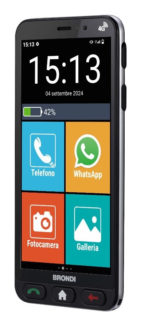 Brondi Amico Vero 4G Smartphone 5.7'' Doppia SIM Android 14, 3 GB RAM, 32 GB Memoria, 2800 mAh, Sensore di Caduta, Tasto SOS, Nero
