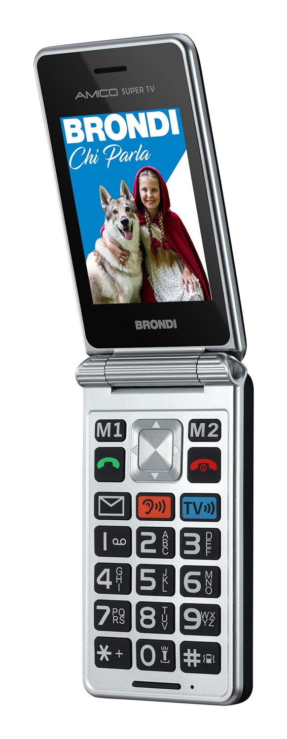 BRONDI Amico Super TV - Telefono Cellulare a Conchiglia per Anziani con Display Ampio, Grandi Tasti e Funzione SOS