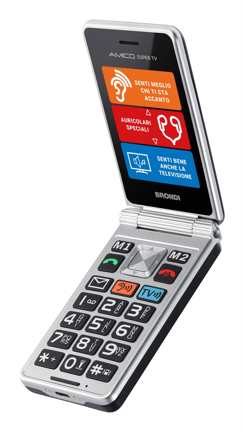 BRONDI Amico Super TV - Telefono Cellulare a Conchiglia per Anziani con Display Ampio, Grandi Tasti e Funzione SOS