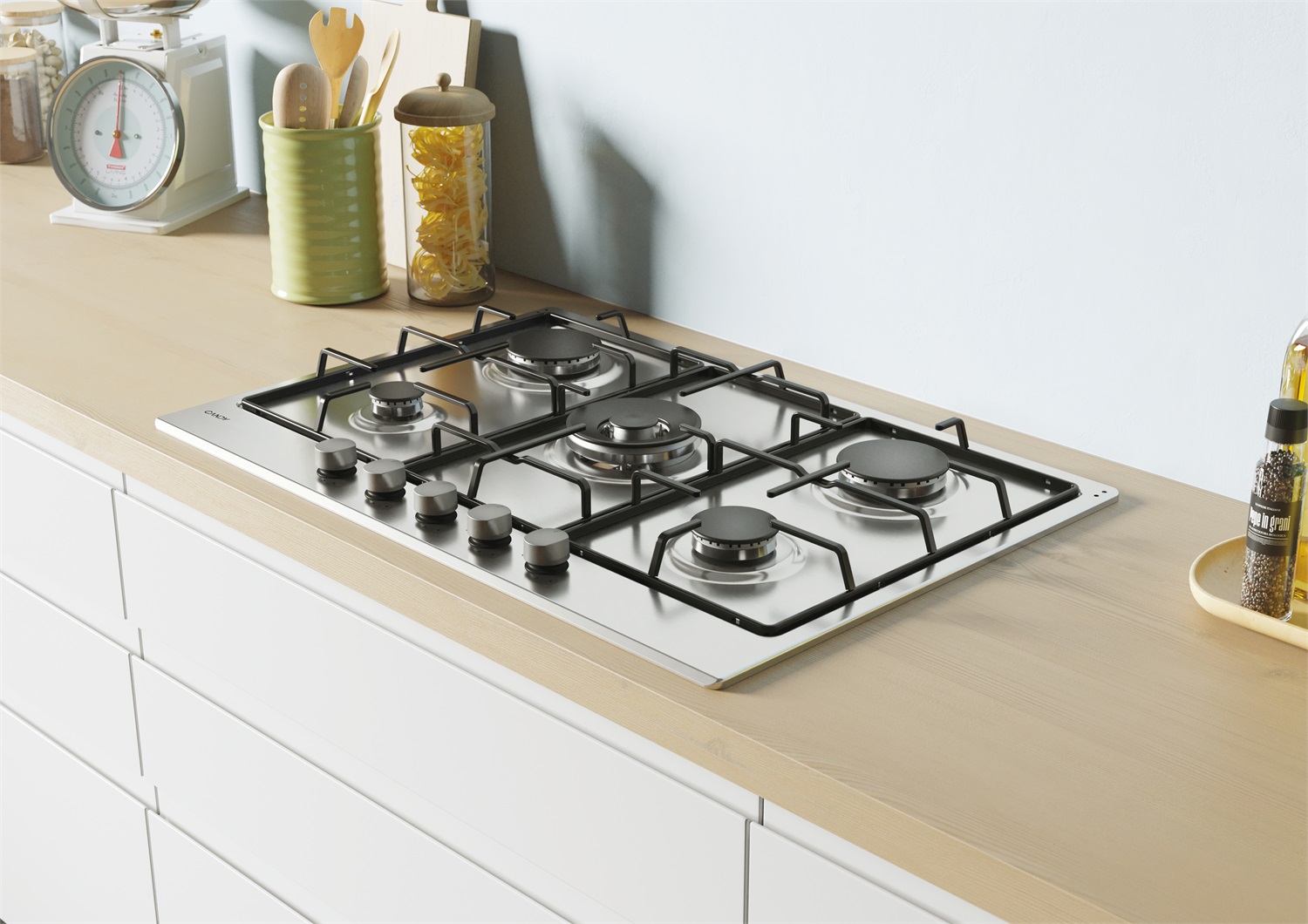 Candy CHW74WX Piano Cottura a Gas 75 cm con 5 Fuochi e Bruciatore Doppia Corona in Acciaio Inox da Incasso