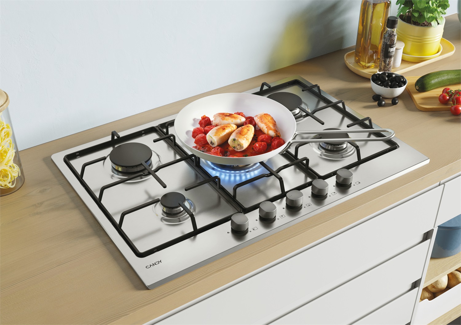 Candy CHW74WX Piano Cottura a Gas 75 cm con 5 Fuochi e Bruciatore Doppia Corona in Acciaio Inox da Incasso