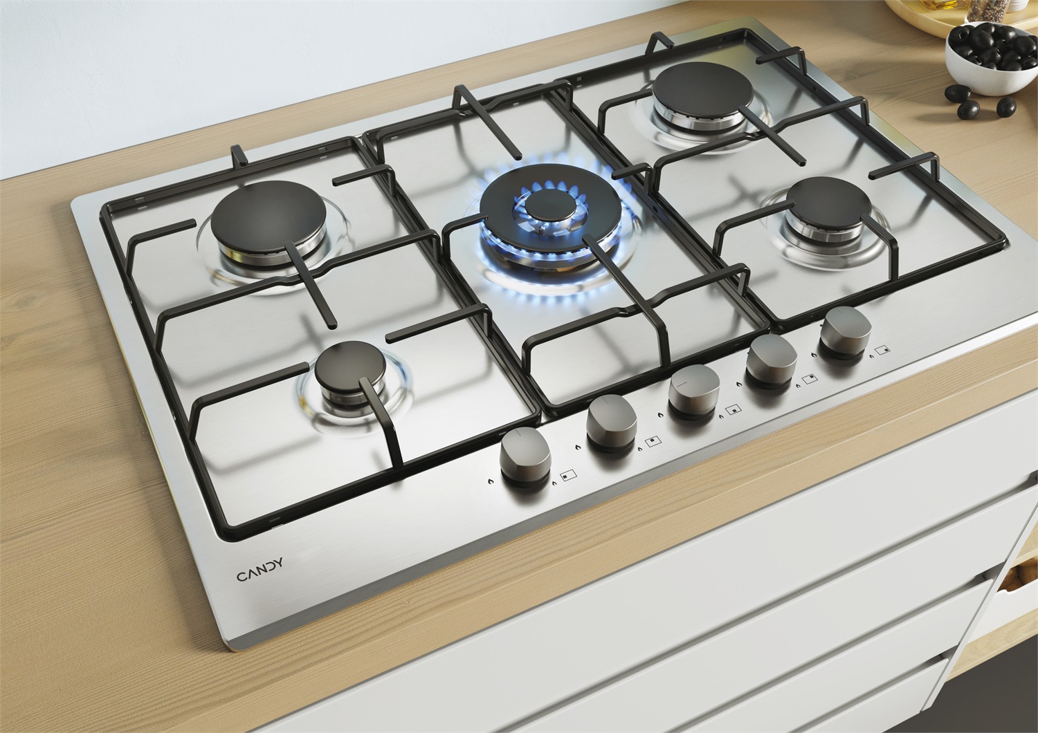 Candy CHW74WX Piano Cottura a Gas 75 cm con 5 Fuochi e Bruciatore Doppia Corona in Acciaio Inox da Incasso