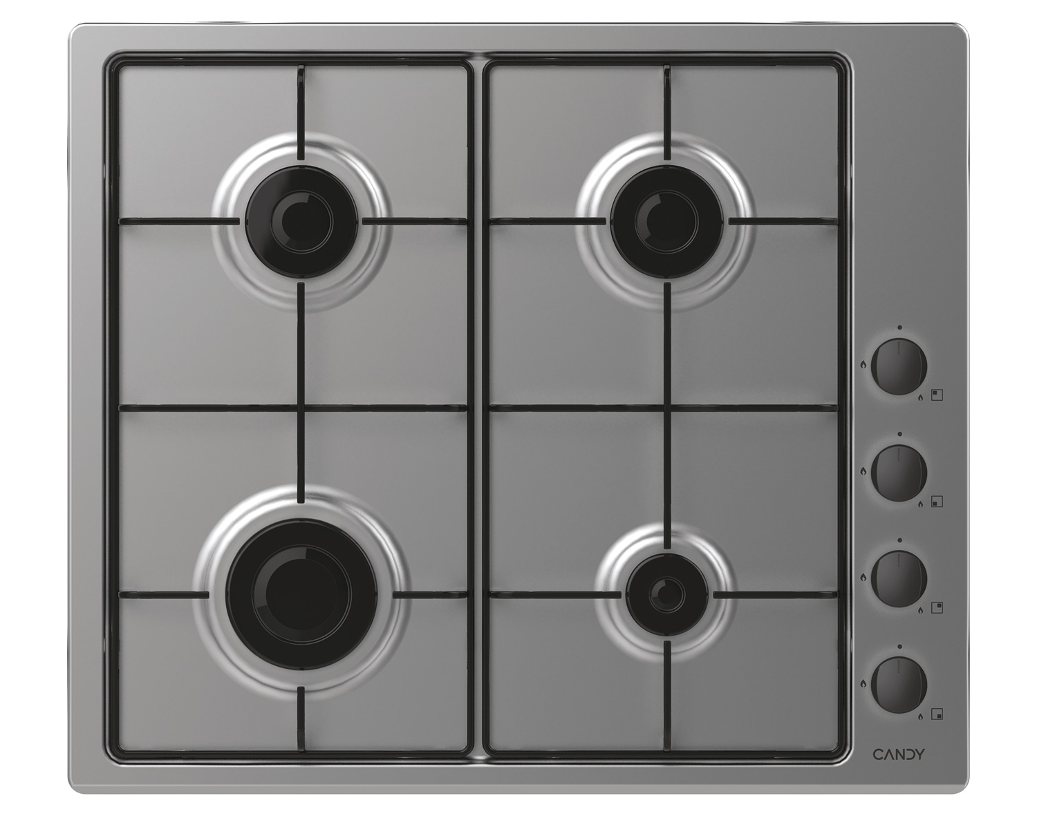 Candy CHW6LBX Piano Cottura a Gas 60 cm, 4 Fuochi, Acciaio Inox, Griglie in Metallo, Valvola di Sicurezza