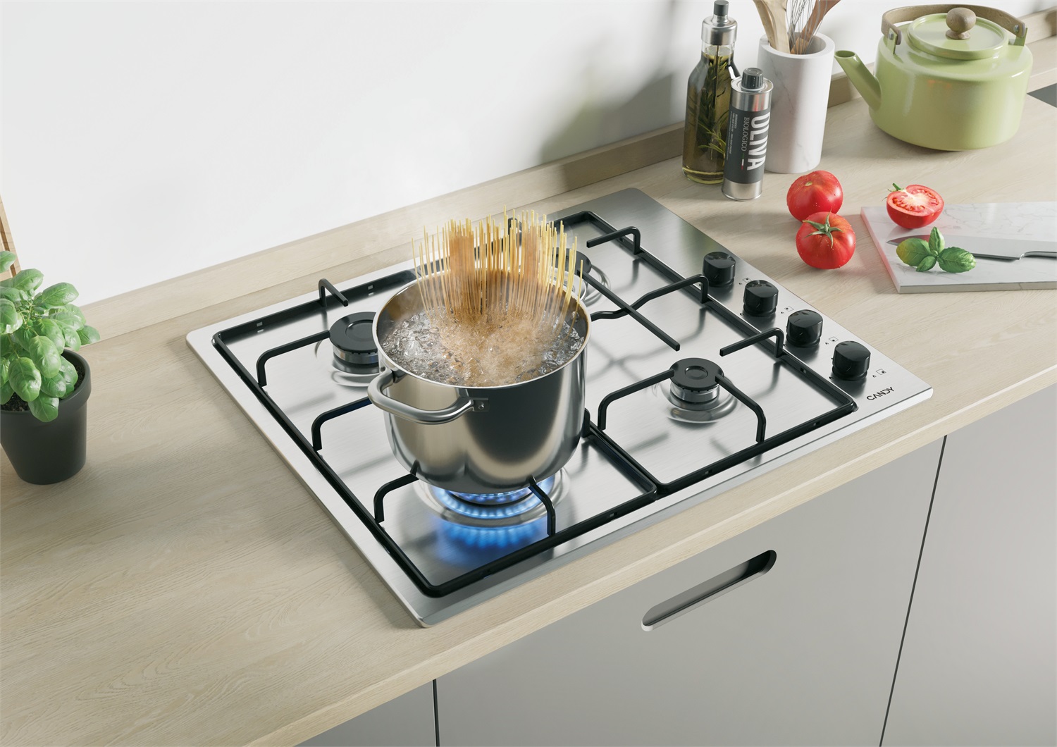 Candy CHW6LBX Piano Cottura a Gas 60 cm, 4 Fuochi, Acciaio Inox, Griglie in Metallo, Valvola di Sicurezza