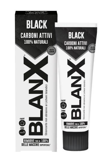 BlanX Black Dentifricio Sbiancante 75 ml - Con Licheni Islandici e Carboni Attivi 100% Naturali, Rimuove Macchie da Caffè, Fumo e Tè, Vegan Friendly