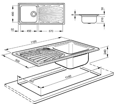 Smeg SGE116.1S Lavello da Incasso in Acciaio Inox Satinato con 1 Vasca e Gocciolatoio a Sinistra - Dimensioni 116 x 50 cm