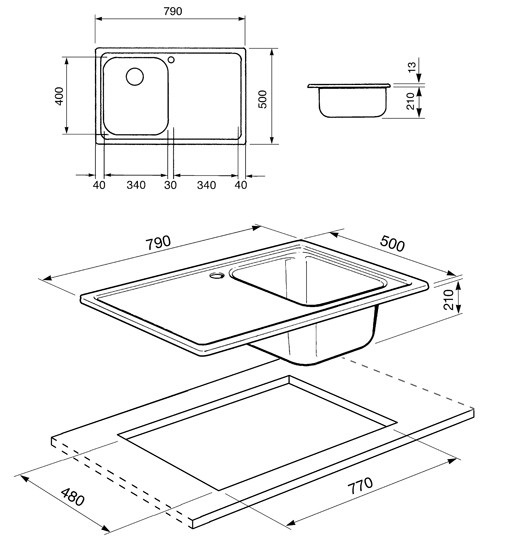 Smeg SP791D-2 Lavello da Incasso 1 Vasca in Acciaio Inox Satinato con Gocciolatoio a Destra - Dimensioni 79 cm