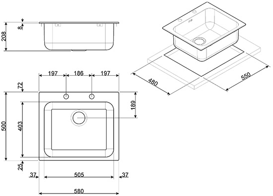 Smeg VS50P3 Lavello da Incasso 1 Vasca 58 x 50 cm Acciaio Inox AISI304 Spazzolato - Serie Alba