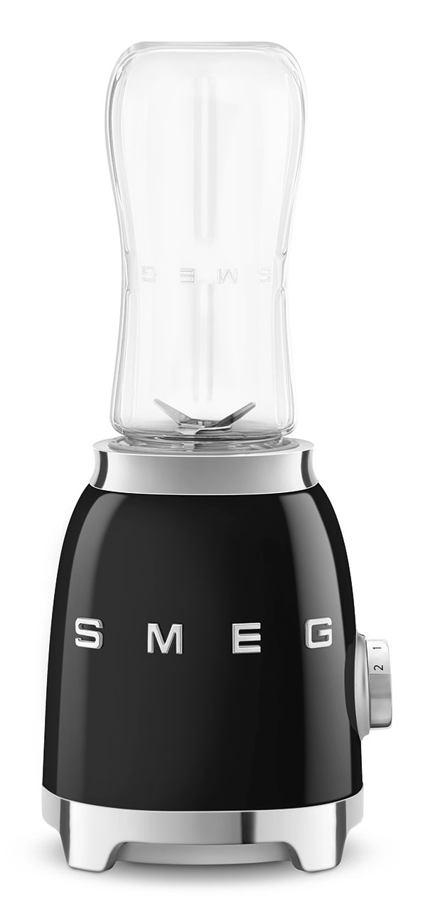 Smeg Frullatore Compatto 50's Style - Nero LUCIDO - PBF01BLEU, 2 Velocità, 2 Bottiglie da 600 ml in Tritan Renew, 300W