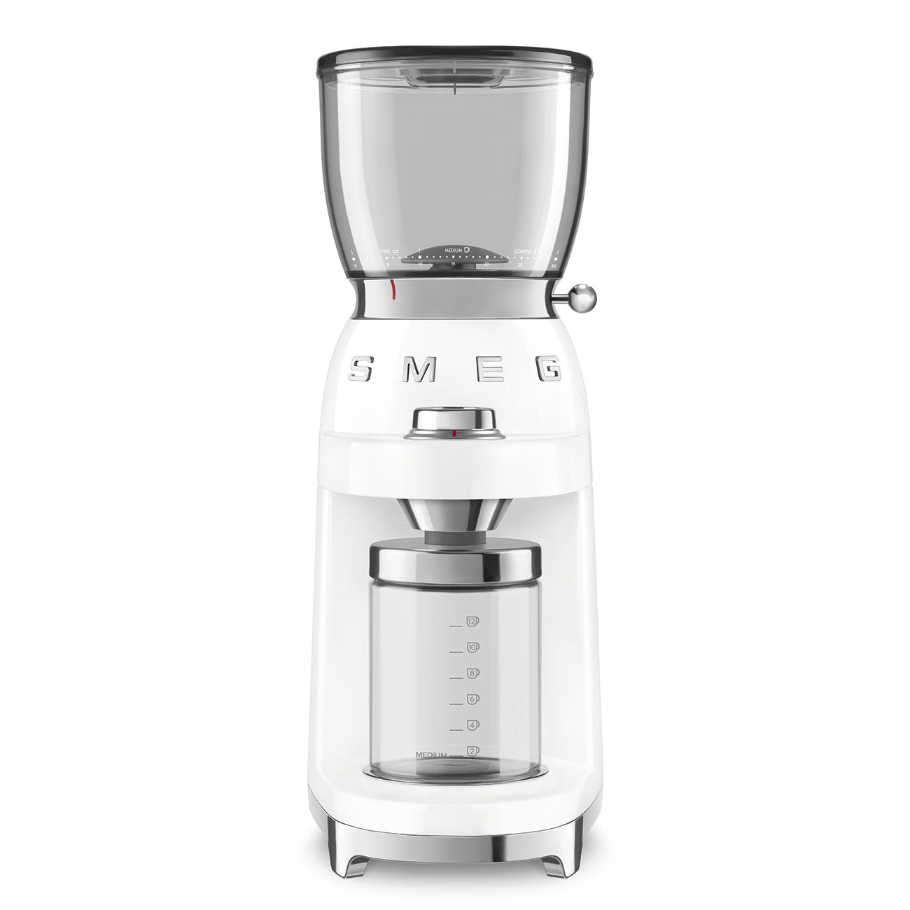 Smeg Macinacaffè Elettrico 50's Style Bianco LUCIDO CGF11WHEU - Macine Coniche in Acciaio Inox, 30 Livelli di Macinatura, Capacità 350g, Sistema Antistatico