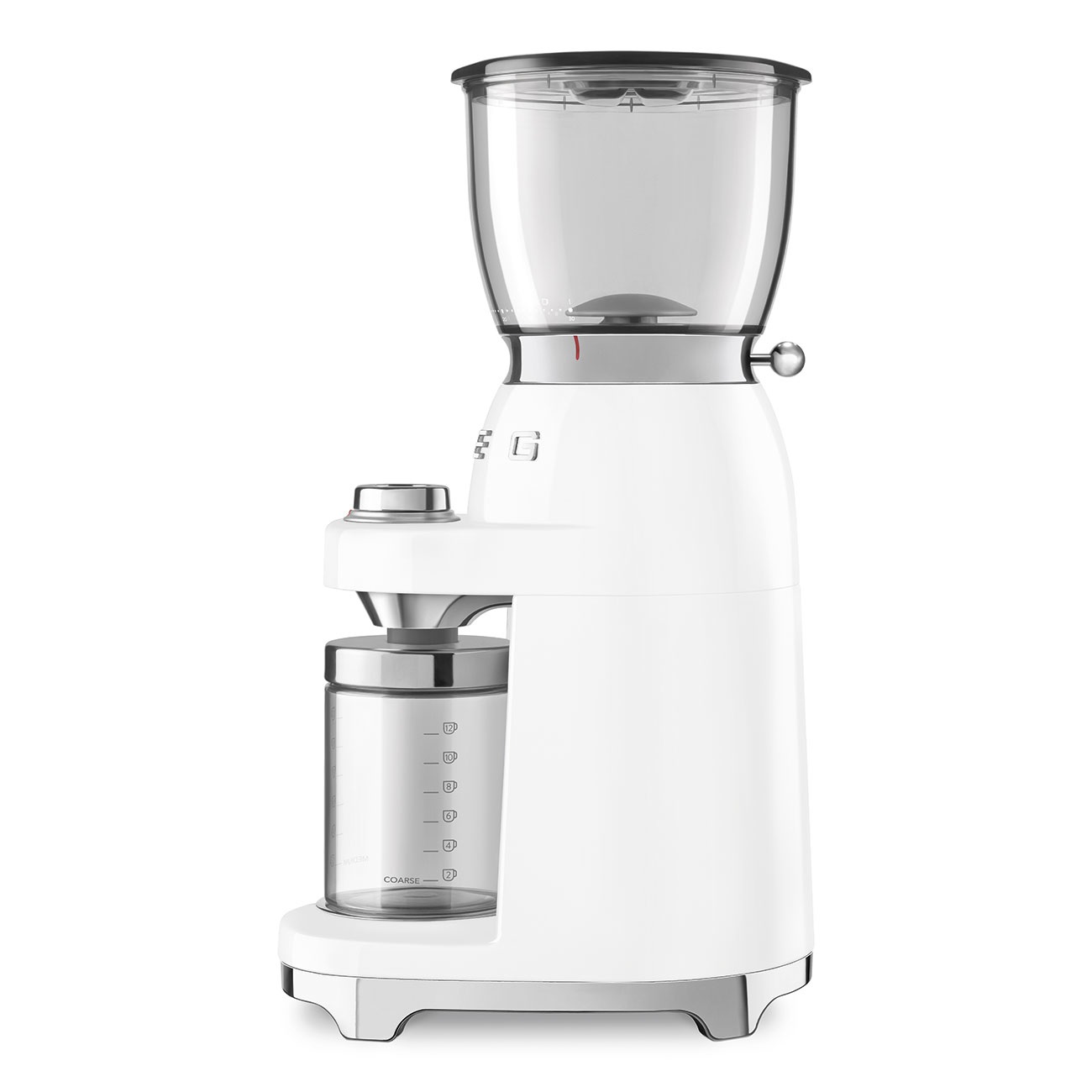 Smeg Macinacaffè Elettrico 50's Style Bianco LUCIDO CGF11WHEU - Macine Coniche in Acciaio Inox, 30 Livelli di Macinatura, Capacità 350g, Sistema Antistatico
